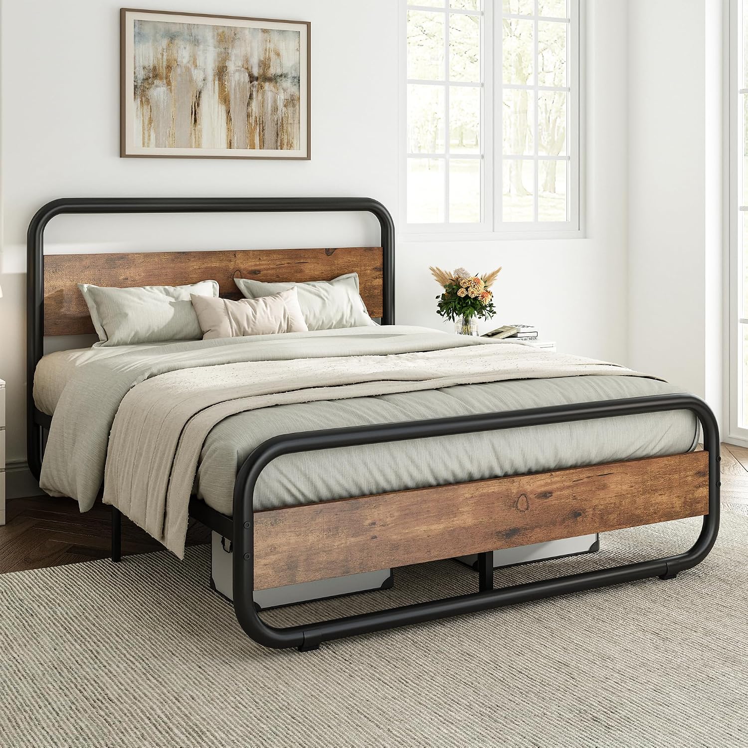 Catrimown Queen Bed Frame with LED Lights, Heavy Duty Metal Rustic Platform Bed Frame Queen Size, with Headboard, Under Bed Storage, Noise Free, No Box Spring Needed, Rustic Brown