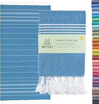WETCAT Turkish Beach Towel Oversized 38"x71" 100% Turkish Cotton, Made in Turkey - Sand Free, Extra Large, Ultra Soft, Quick Drying, Compact & Lightweight for Travel - Blue