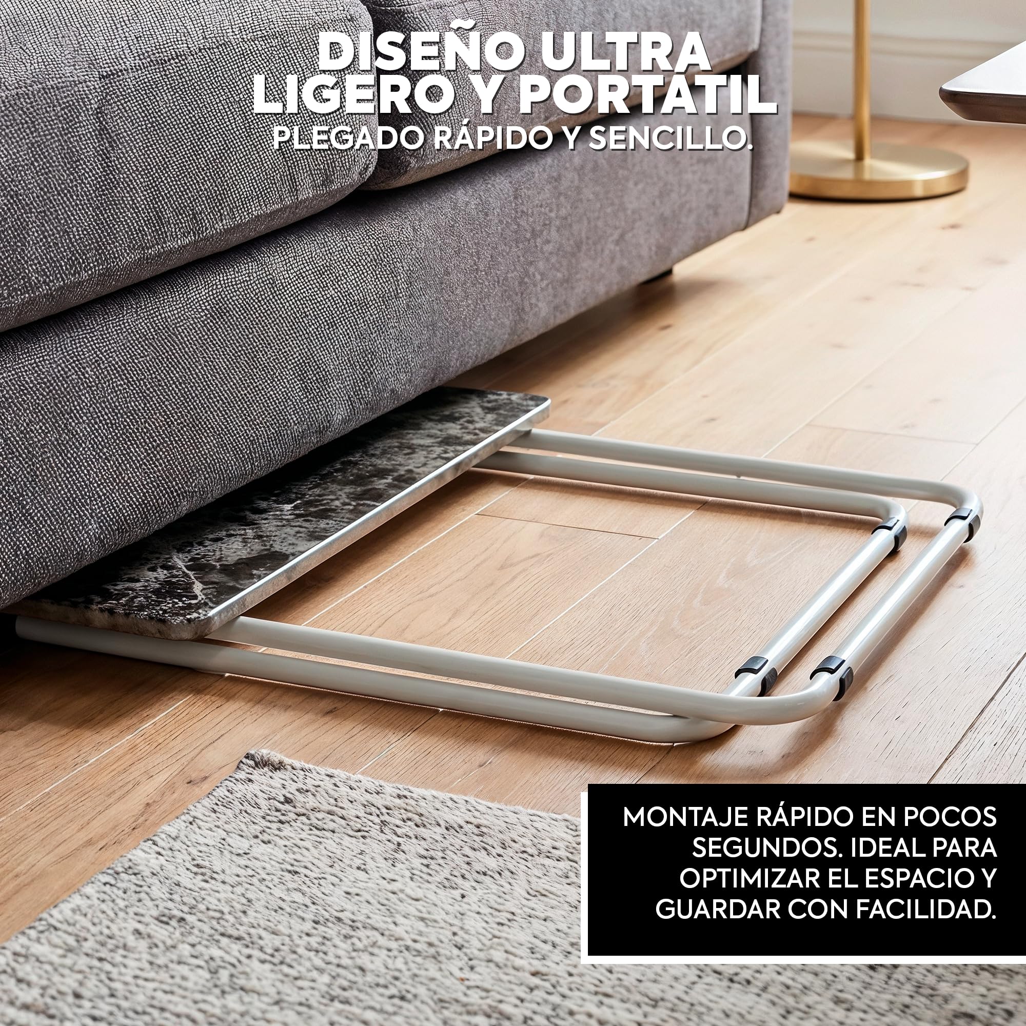 HERSIG Mesa Auxiliar Plegable Multifuncional para Interior con Estructura Resistente de Acero y Montaje Instantáneo. Color Marmol Marrón, Diseño Portátil para Ahorro de Espacio 48x38x66 CM