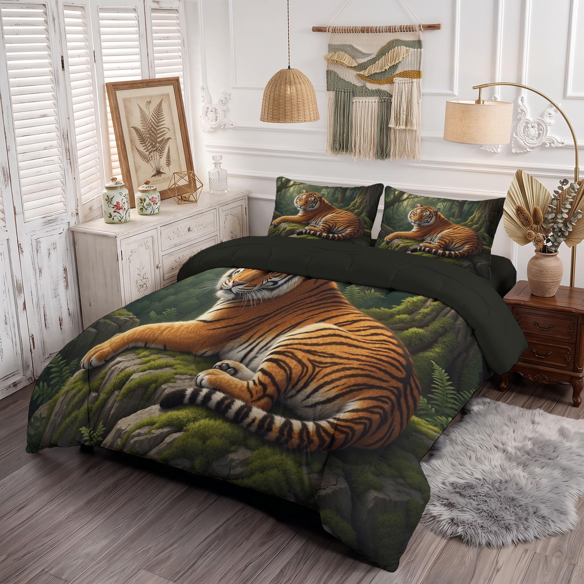Copriletto Trapuntato Per Bambini Con Foresta Naturale Delle Tigri | Trapunta Singolo Invernale, Verde Scuro, Piumone Caldo Morbido Animali Selvatici Feroci Per Decorazione Camera Da Letto