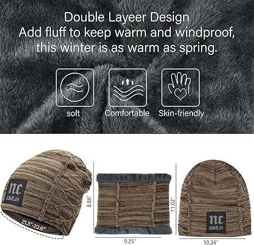 Vista 20 de FZ FANTASTIC ZONE Conjunto de gorro de invierno para hombre y mujer, bufanda de punto cálido, forro polar grueso, gorro de calavera, calentador