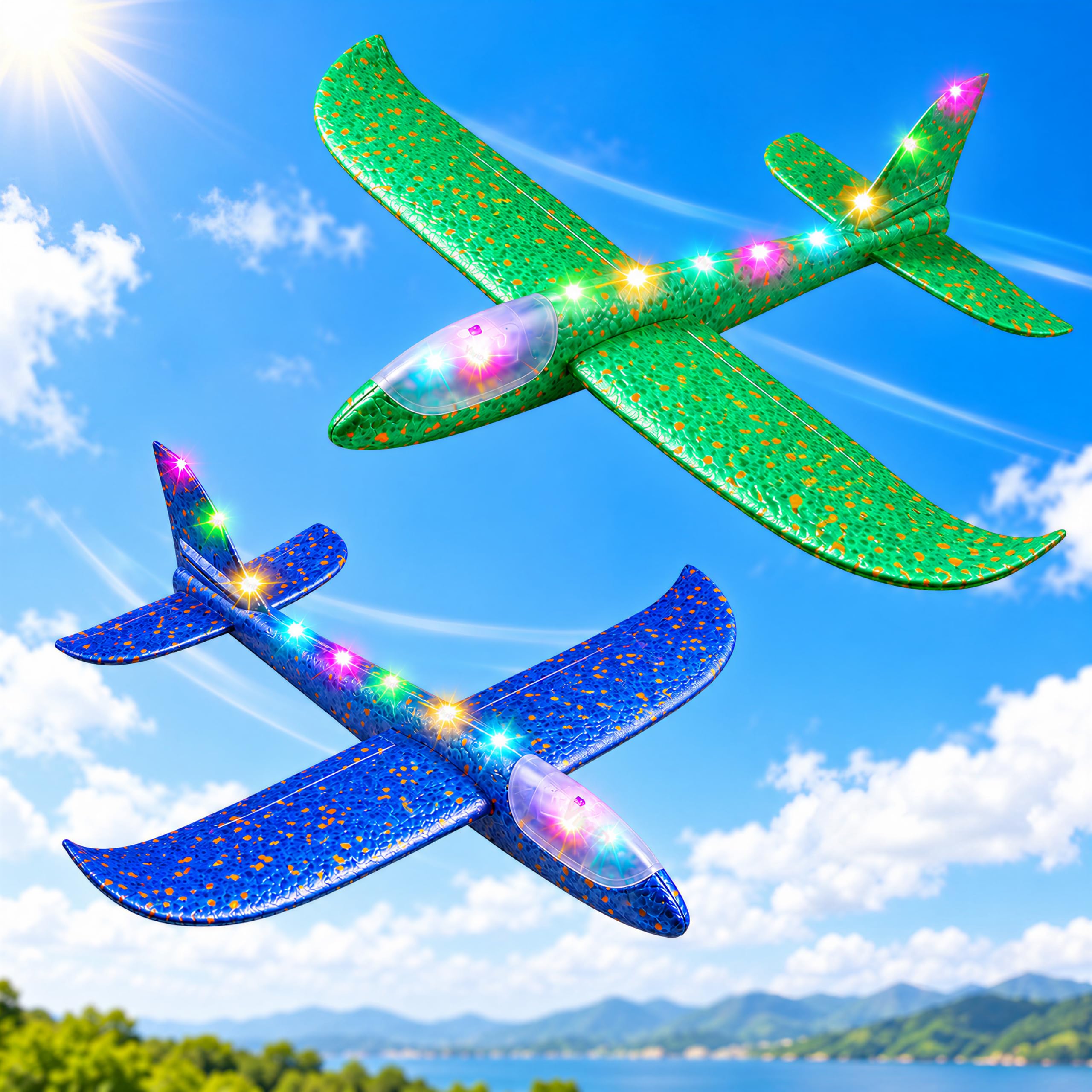VikriDA 2 Pack Hand Throw Flying Glider Plane Foam Aeroplane 17.5inch Aerodynamic Lightweight Fighter Jet EPP Paper Airplane Launcher Toy Outdoor Big Catapult Aircraft Gift for Kids Boy Girl