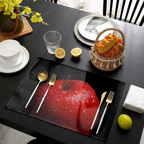 Miniatura 4 de Juego de 6 manteles individuales negros con diseño de manzanas rojas para decoración de mesa de comedor, manteles individuales lavables para cocina,