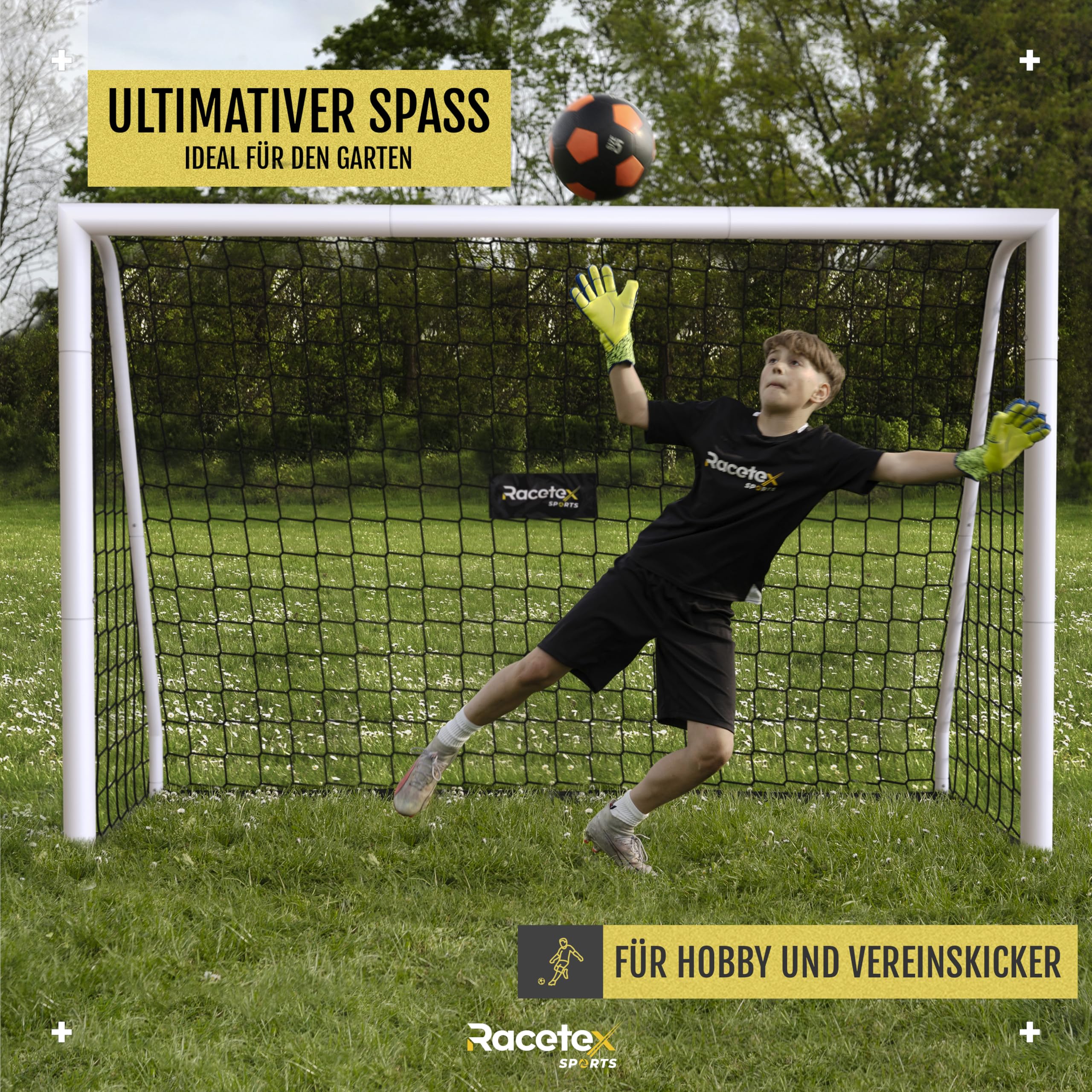 Racetex Fussballtore für Garten Kinder und Erwachsene [ENORM ROBUST] - Fußballtor Kinder mit Stabiler Stahlrahmen Front - Fußballtore inkl. Edelstahl Erdanker - Das Tor für den Garten