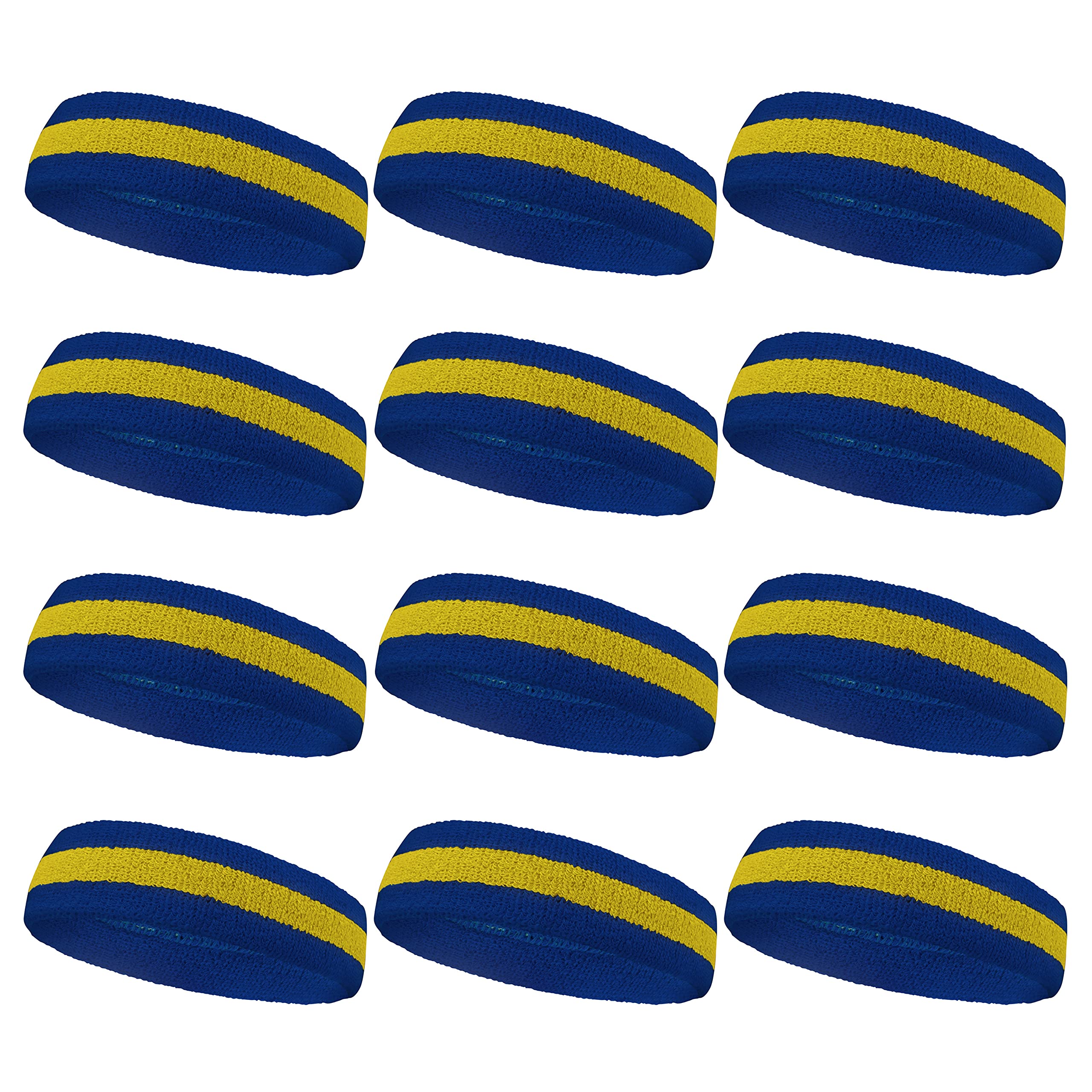 COUVER Stripe Sweat Headbands for Workout, Event, Party Favor, Regular, 12PCS Bulk Set, Blue/Yellow/Blue