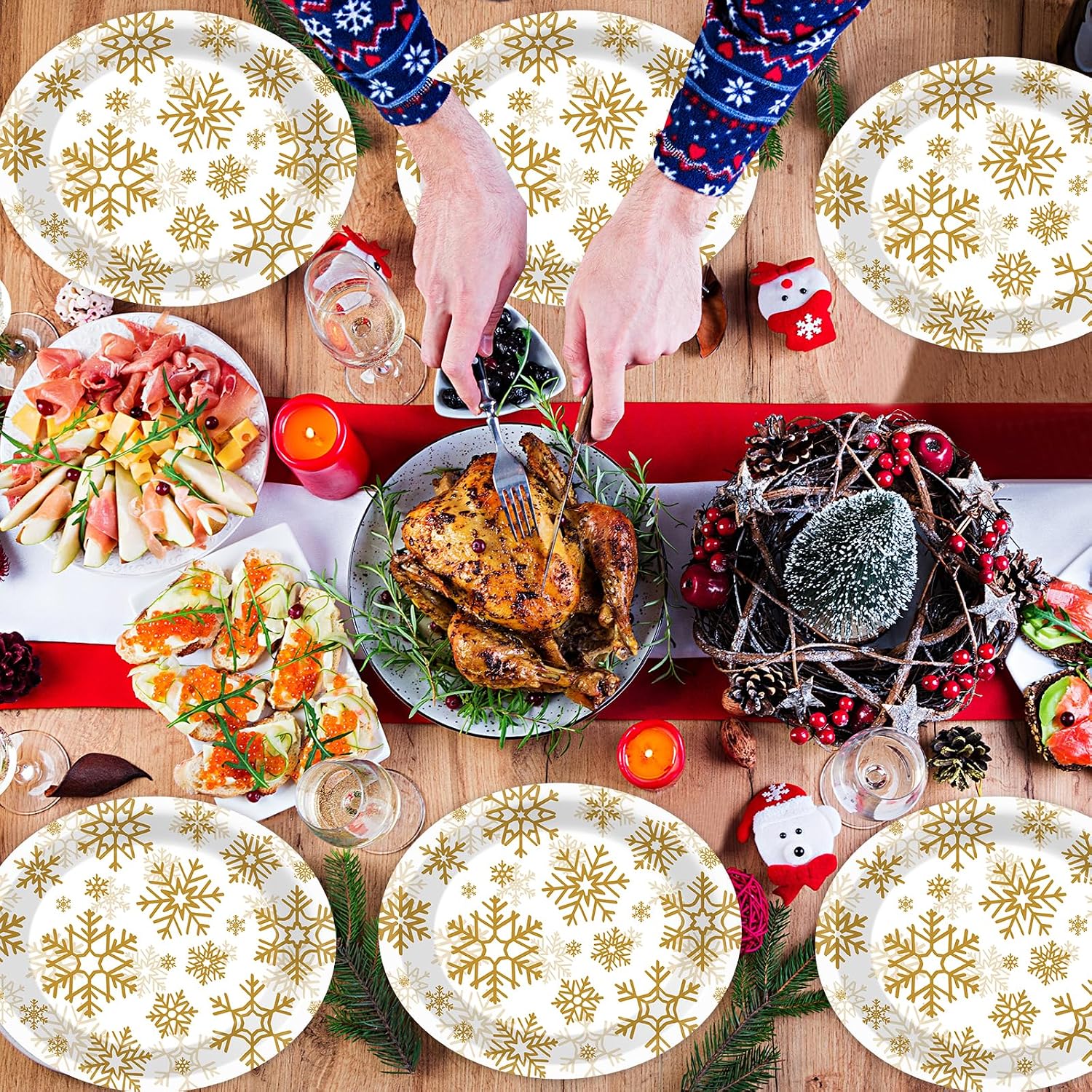 50 Count Christmas Oval Disposable Plates Winter Gold Snowflakes Paper Plates 10*12 inch Holiday Paper Plates Gold Snowflake Large Disposable Platter for Holiday Xmas Party Cookies Dinners Supplies