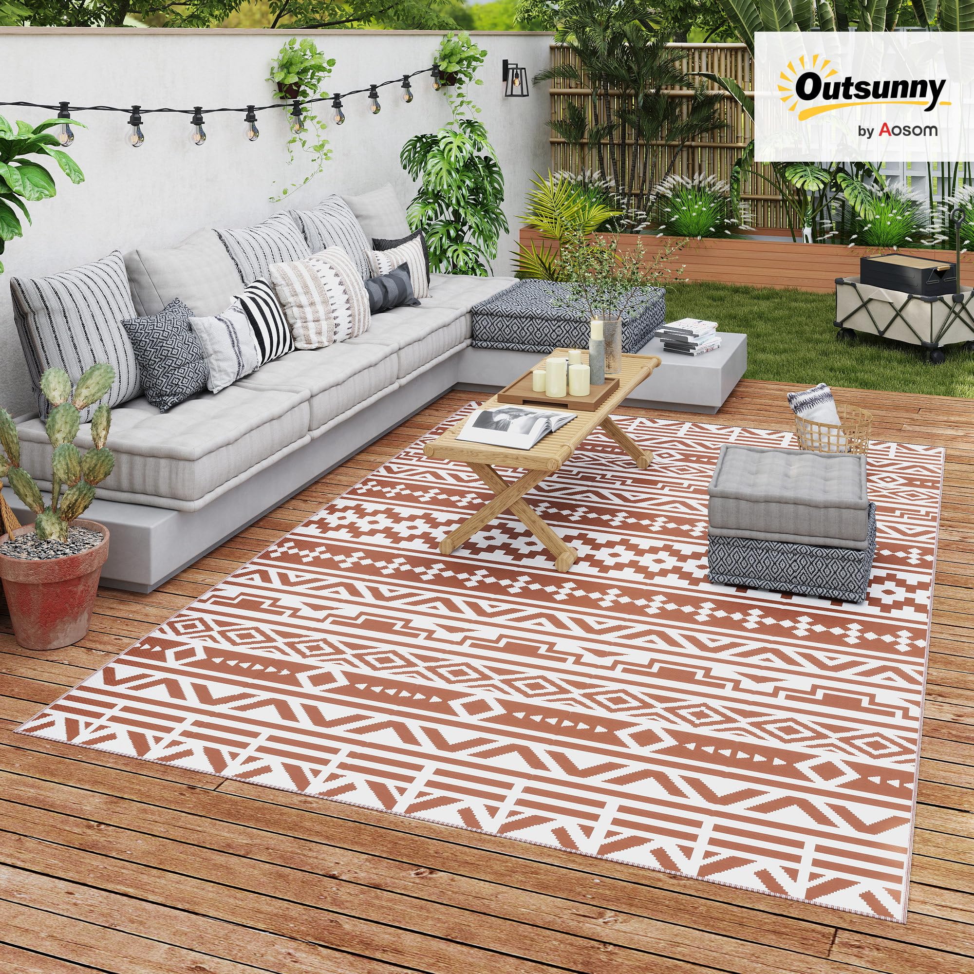 Outsunny Tapis d'extérieur réversible 1,8 x 2,7 m, Tapis de Sol au Motif Mur géométrique en PP, Sac de Transport Inclus, résistant aux intempéries, Rouge et Blanc