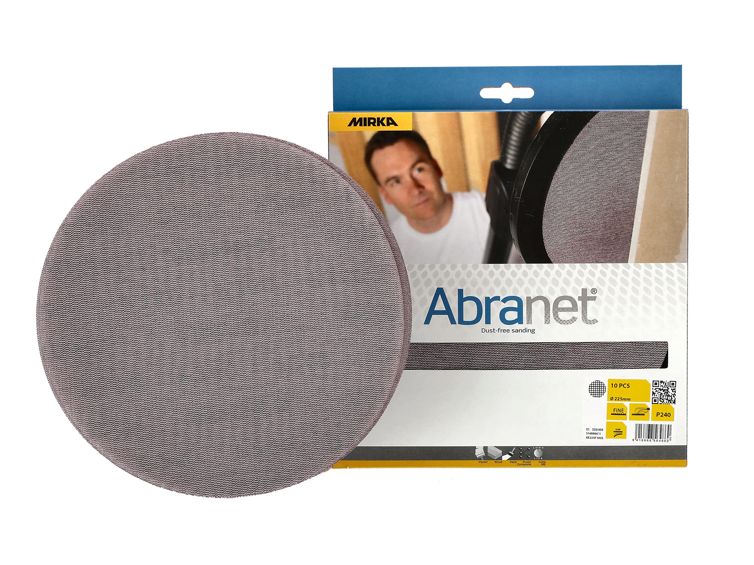Mirka Abranet sanding disc with net Ø 225 mm/Grit P240 / 10 pcs/for wall and ceiling sanders/For sanding wood, filler, varnish, plastic / AE223F1025