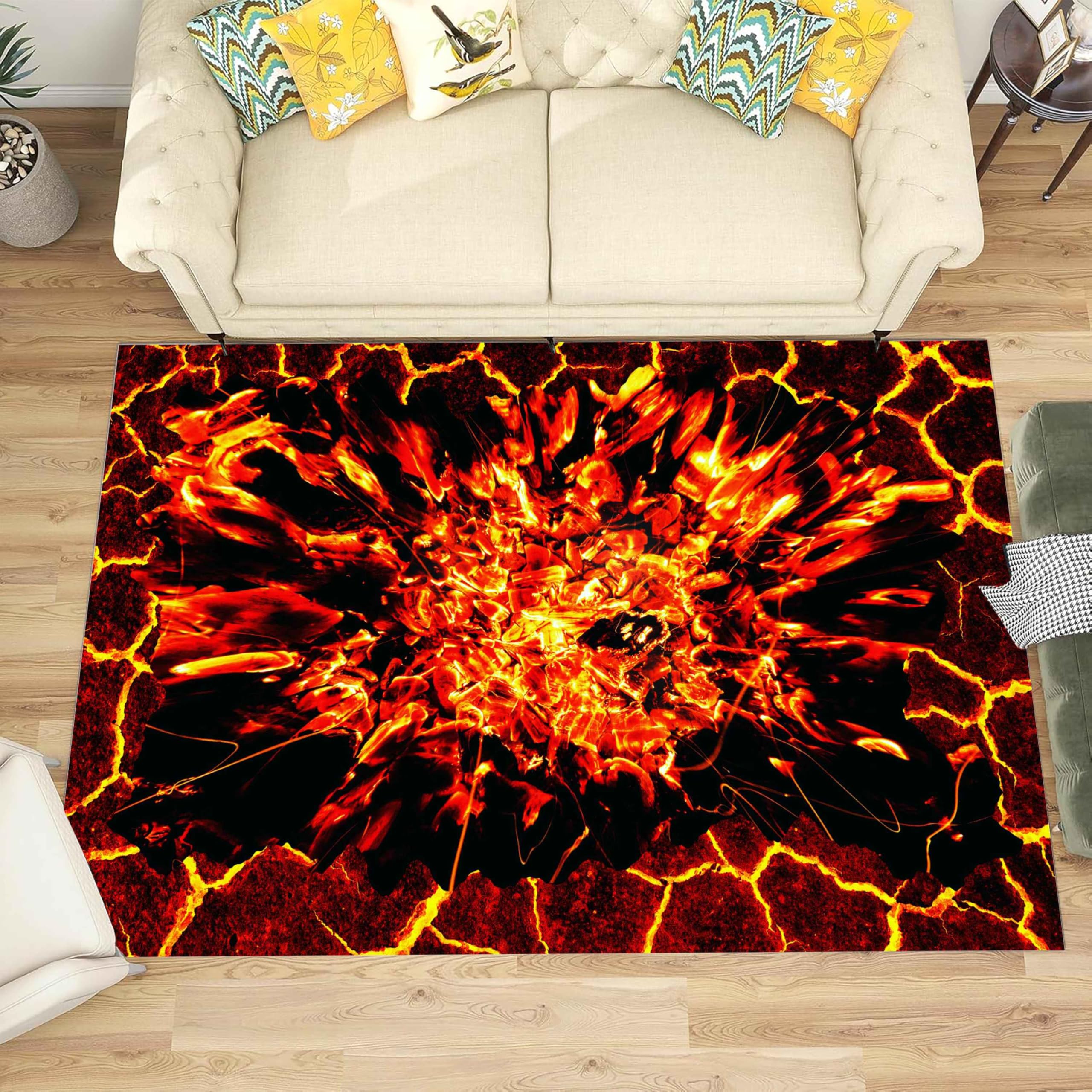 LHOMKCV Volcano Area Rug for Game Room, 120x180cm, Lava Magma Texture Washable Fade-Resistant Indoor Carpet for Living Room Bedroom Sofa Entrance Apartment Dorm, Abstract Non Slip Bedroom Carpets
