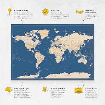 Trip Map Pin Board World Map - Canvas World Map Pin Board with Pins - Dark Blue Color - for Personalization - Framed World Map for Pinning - 150 x 100 cm; 120 x 80 cm; 100 x 70 cm Sizes