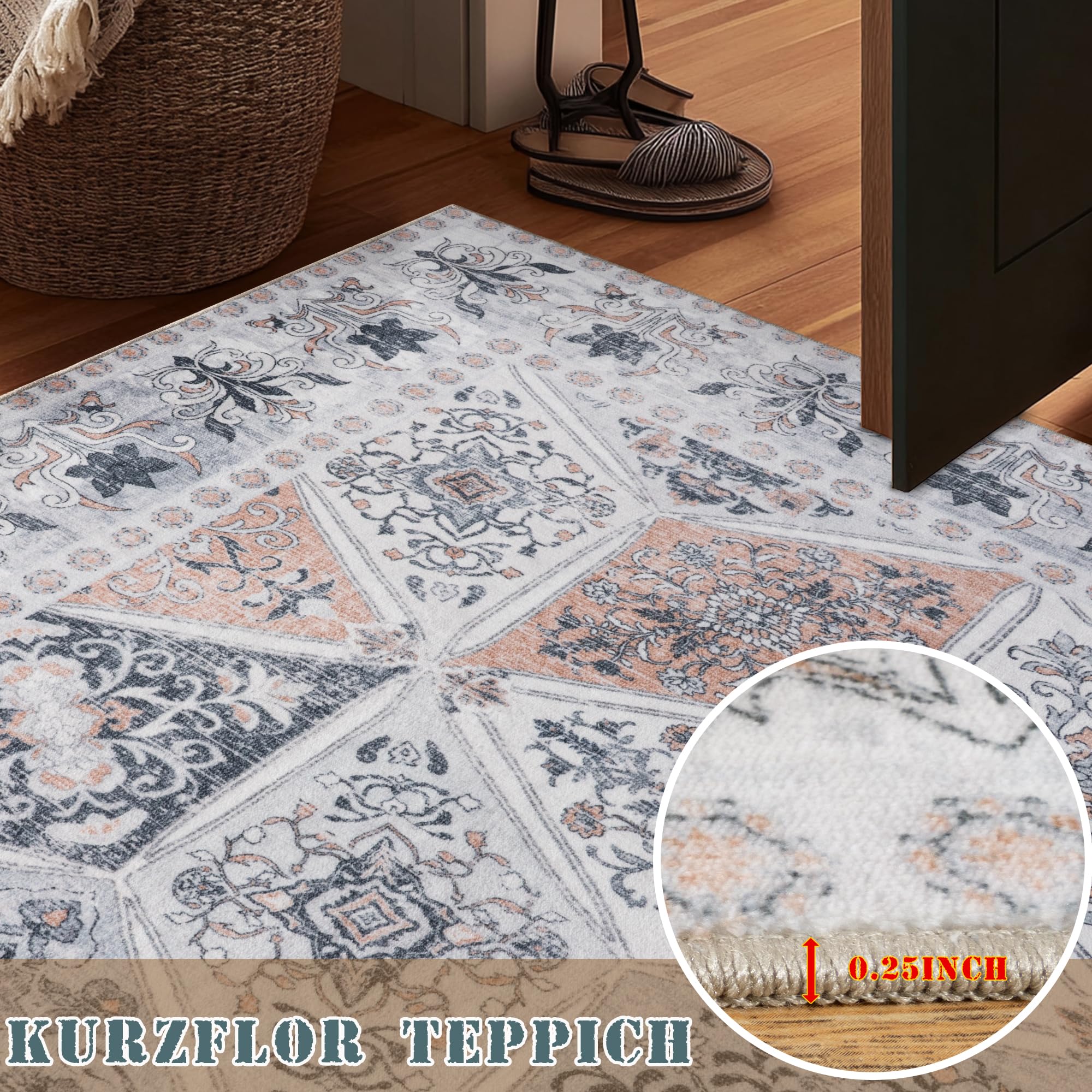 Beige Großer Vintage Kurzflor Teppich Wohnzimmer, 200x300 cm | Boho Waschbarer Teppich, Rutschfester Schlafzimmer Teppiche, Geometrisch Rauten Muster Carpet für Esszimmer Büro Küche