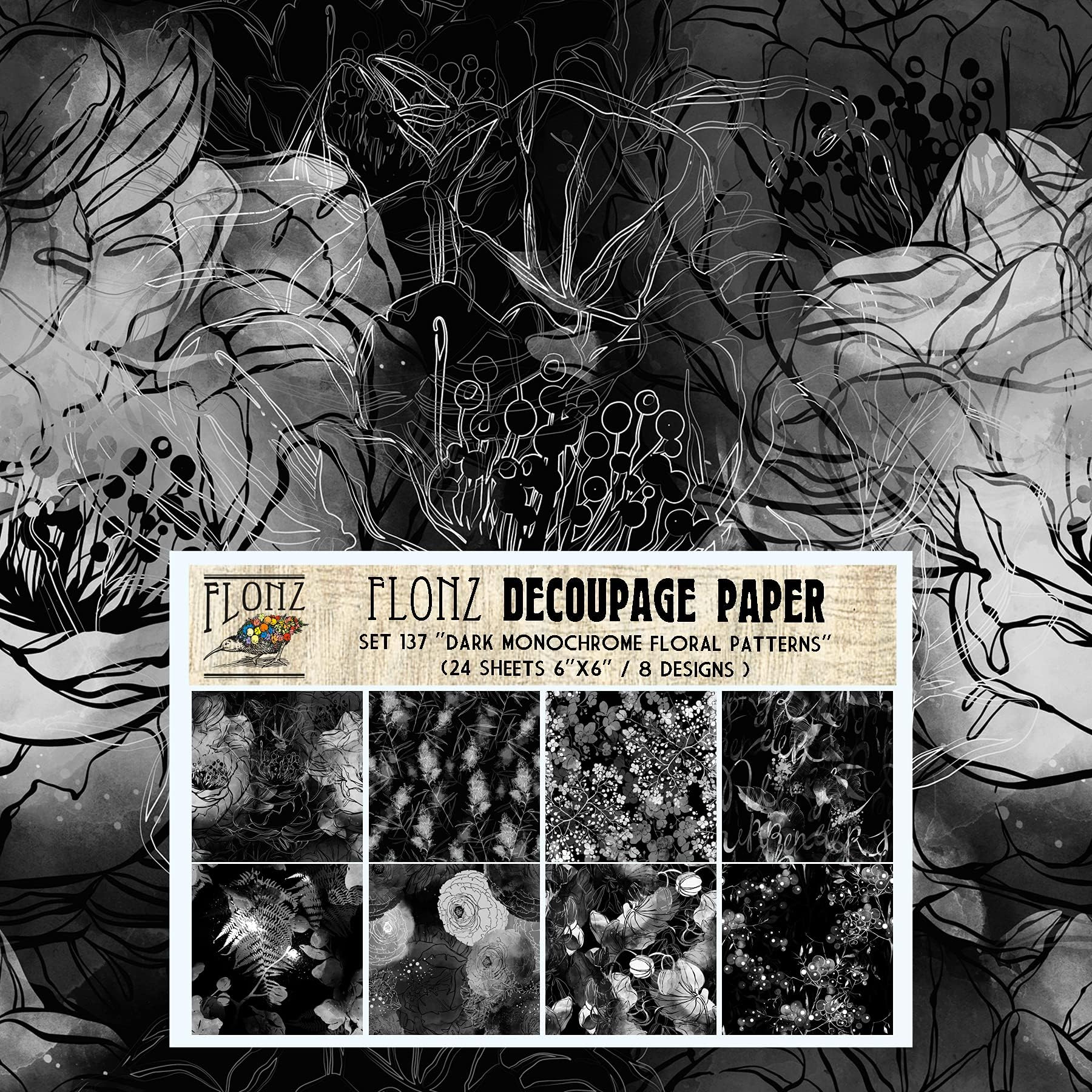 Decoupage Paper Pack (24 Sheets 6"x6") Monochrome Floral Pattern Vintage Styled Seamless Pattern Paper for Decoupage, Craft and Scrapbooking Black Flowers Buds
