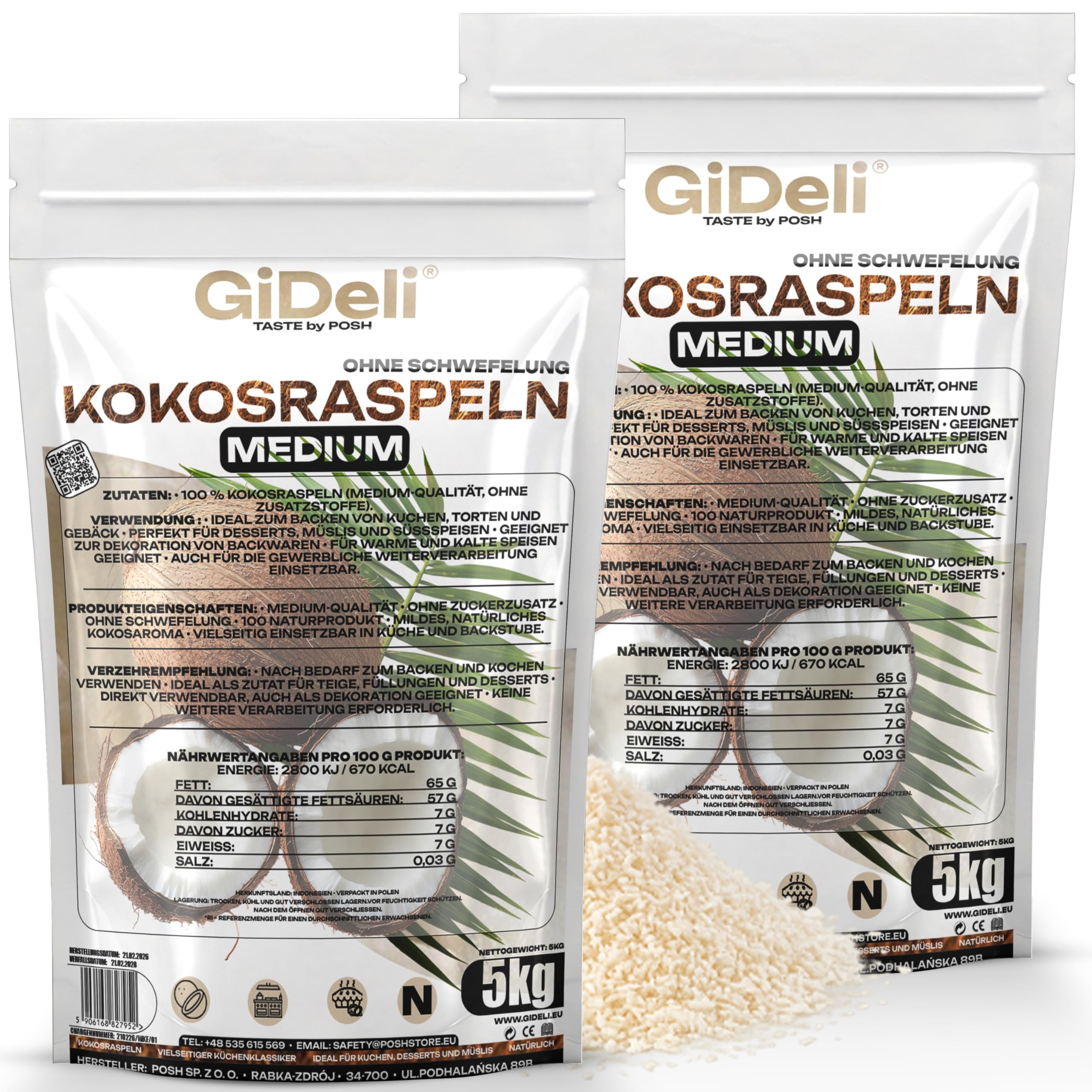 GiDeli Kokosraspeln 2x5kg - Eine Quelle für Gesunde Fette und Ballaststoffe - Für Veganer und Personen mit Keto-Diät - Natürliche für Vielseitige Verwendung