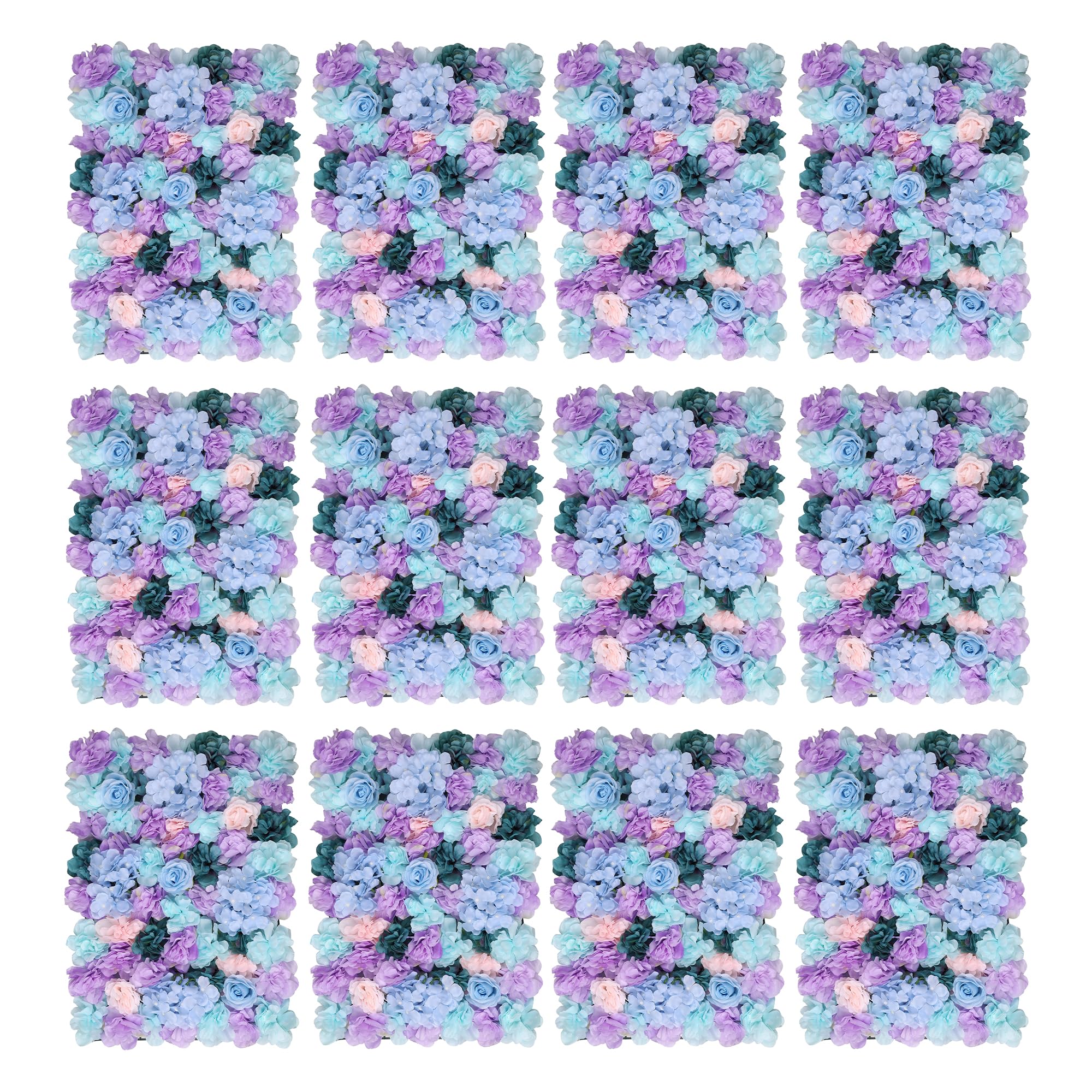 Trimming Shop Artificial Flowers Wall Panels DIY Fake Flower Wall Romantic Floral Backdrop for Wedding Birthday Party Home Decoration, 60cm x 40cm, Light Turquoise, Sky Blue & Lavender, 12pcs โ image 1