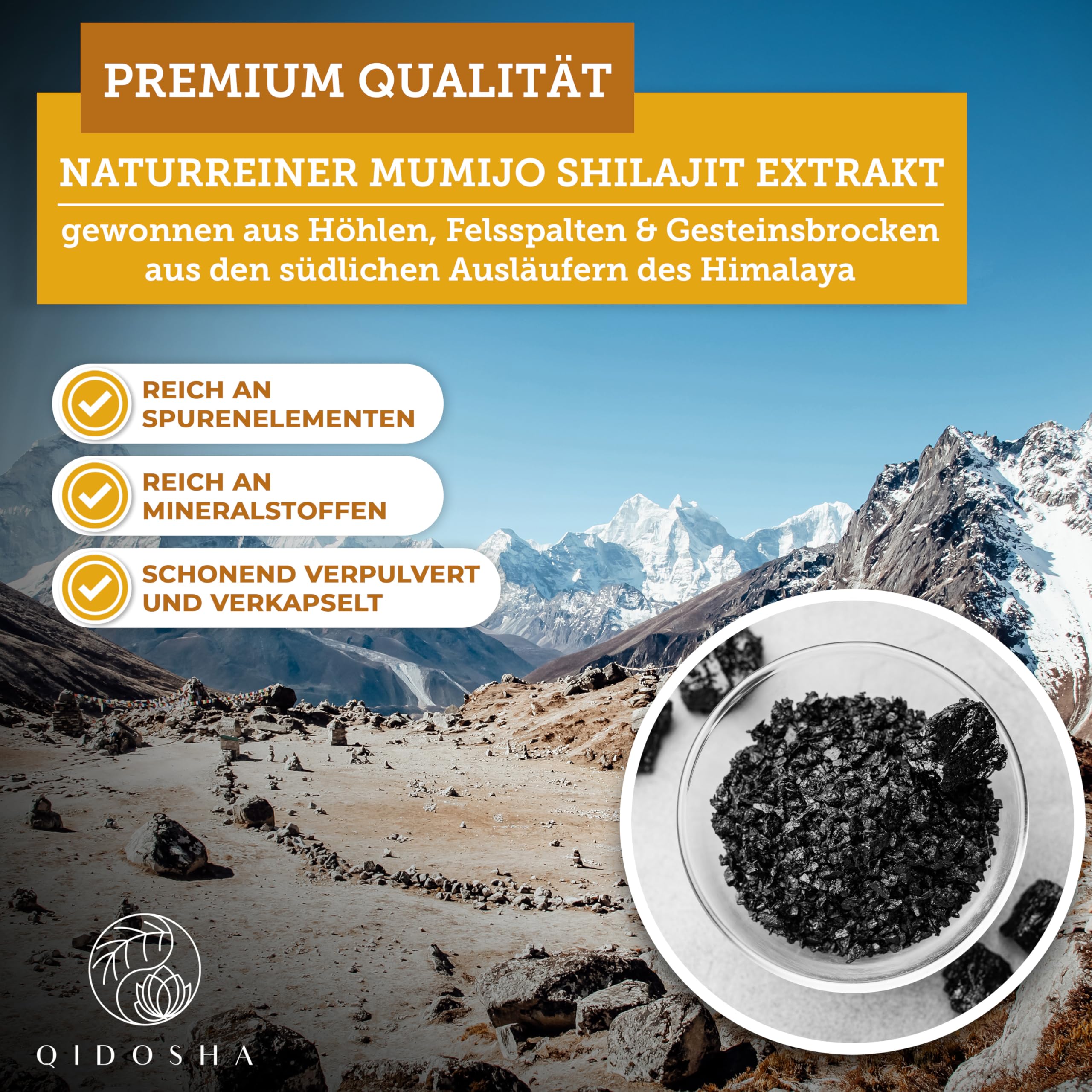 QIDOSHA® Mumijo Shilajit, hochdosiert: 13.000 mg Shilajit pro Tag (10:1 Extrakt), Original Himalaya, 50% Fulvinsäure, 12% Huminsäure, 180 Kapseln, deutsche Fertigung, jede Charge laborgeprüft