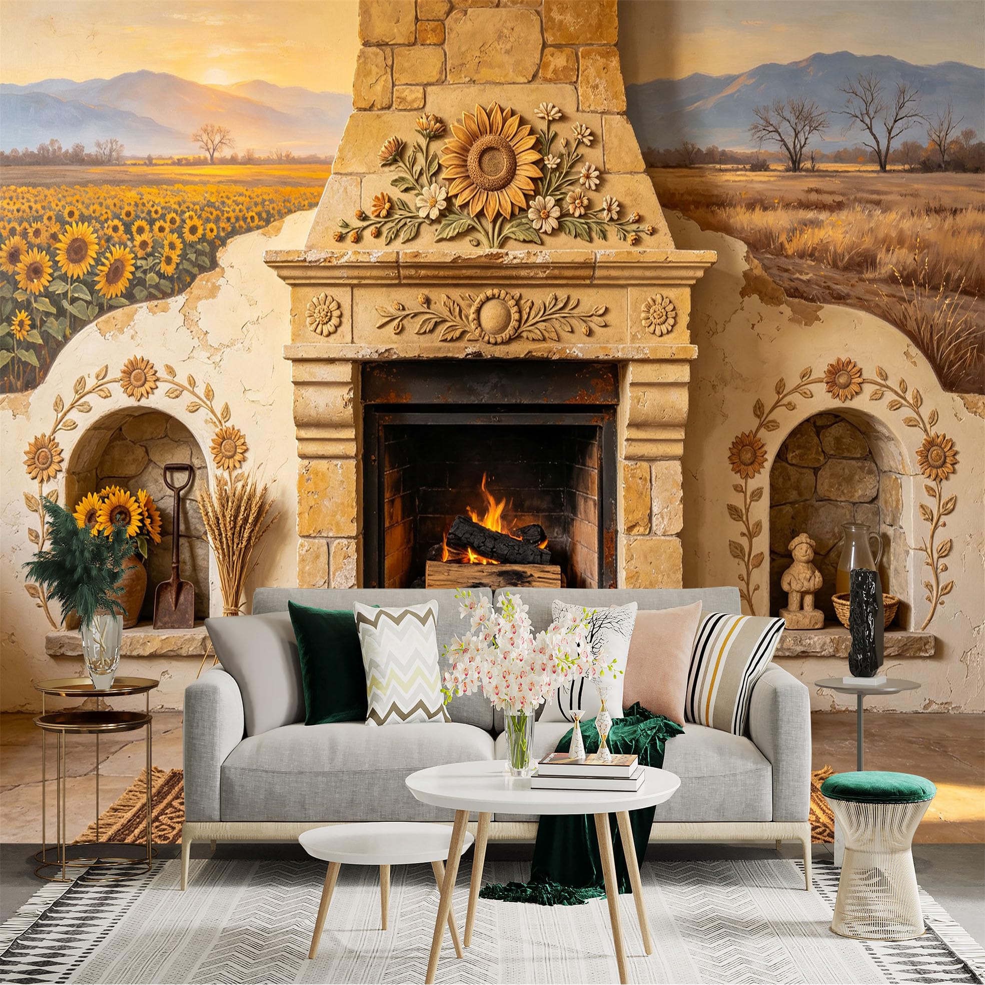 Lnzczhyre Bh260719694 Custom Size Wall Sticker Mural， Rustic Sunflower Field， Stone Fireplace Decor， Warm Countryside Scenery， For Wall Decoration， Peelandstick Wall Decals.