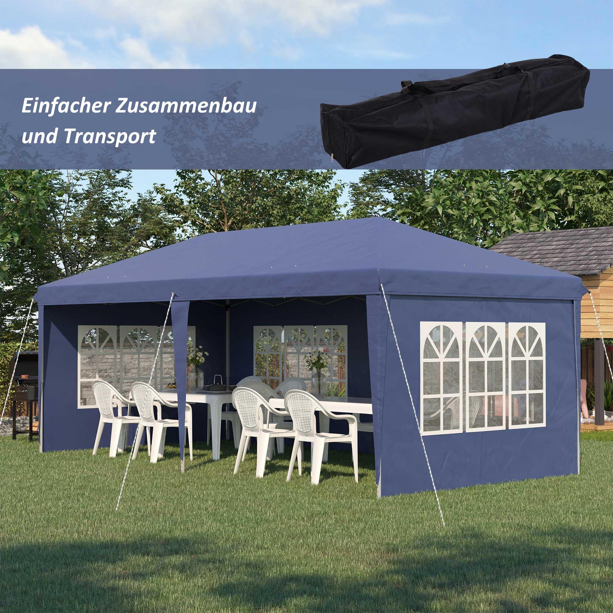Outsunny Pavillon ca. 3x6m Wasserdicht Pop-up Faltpavillon mit 4 Seitenwänden, Fenster, Partyzelt mit UV-Schutz, Oxford Gartenpavillon inkl. Tragetasche Gartenzelt für Balkon, Terrasse, Blau