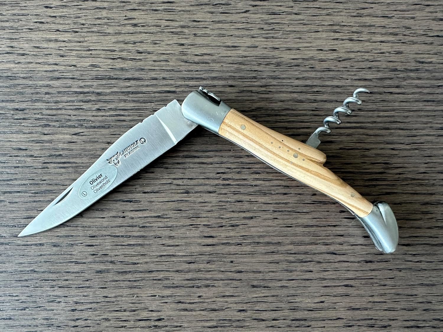 Laguiole en Aubrac Handcrafted Luxury Folding Pocket Steak Knife with Corkscrew, 4.75-in (12 cm), Olive Wood Handle, Brushed Bolsters