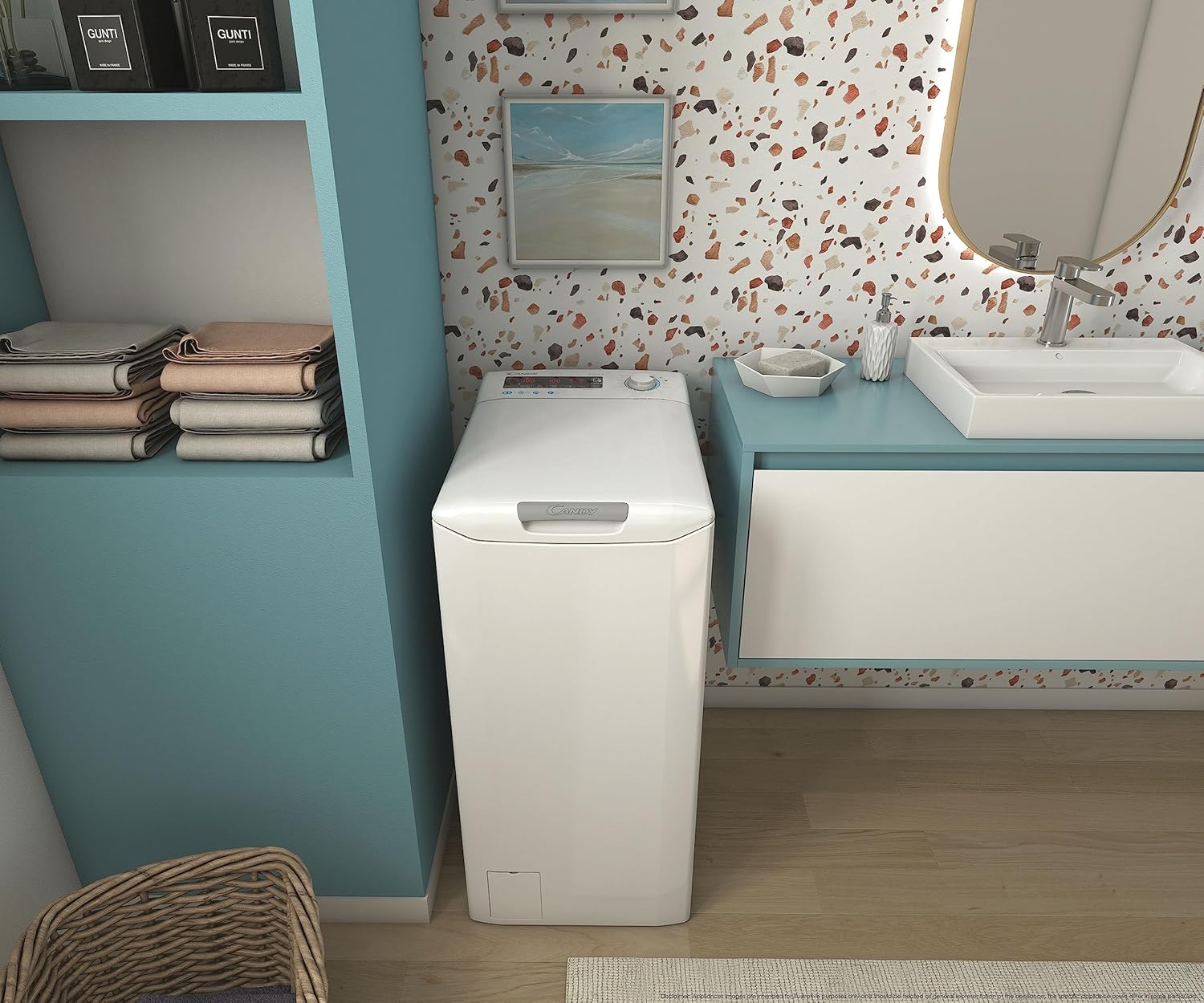 Candy Smart CSTG 47TMV5/1-S washing machine placed in a compact bathroom setting