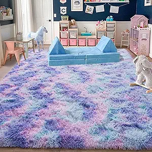 Rugs for Living Room 9x12, Soft Shaggy Modern Large Shag Area Rug for Bedroom, Upgrade Non-Slip Plush Fluffy Carpet for Kids Boys Girls Room Home Decor Aesthetic, Rainbow Purple