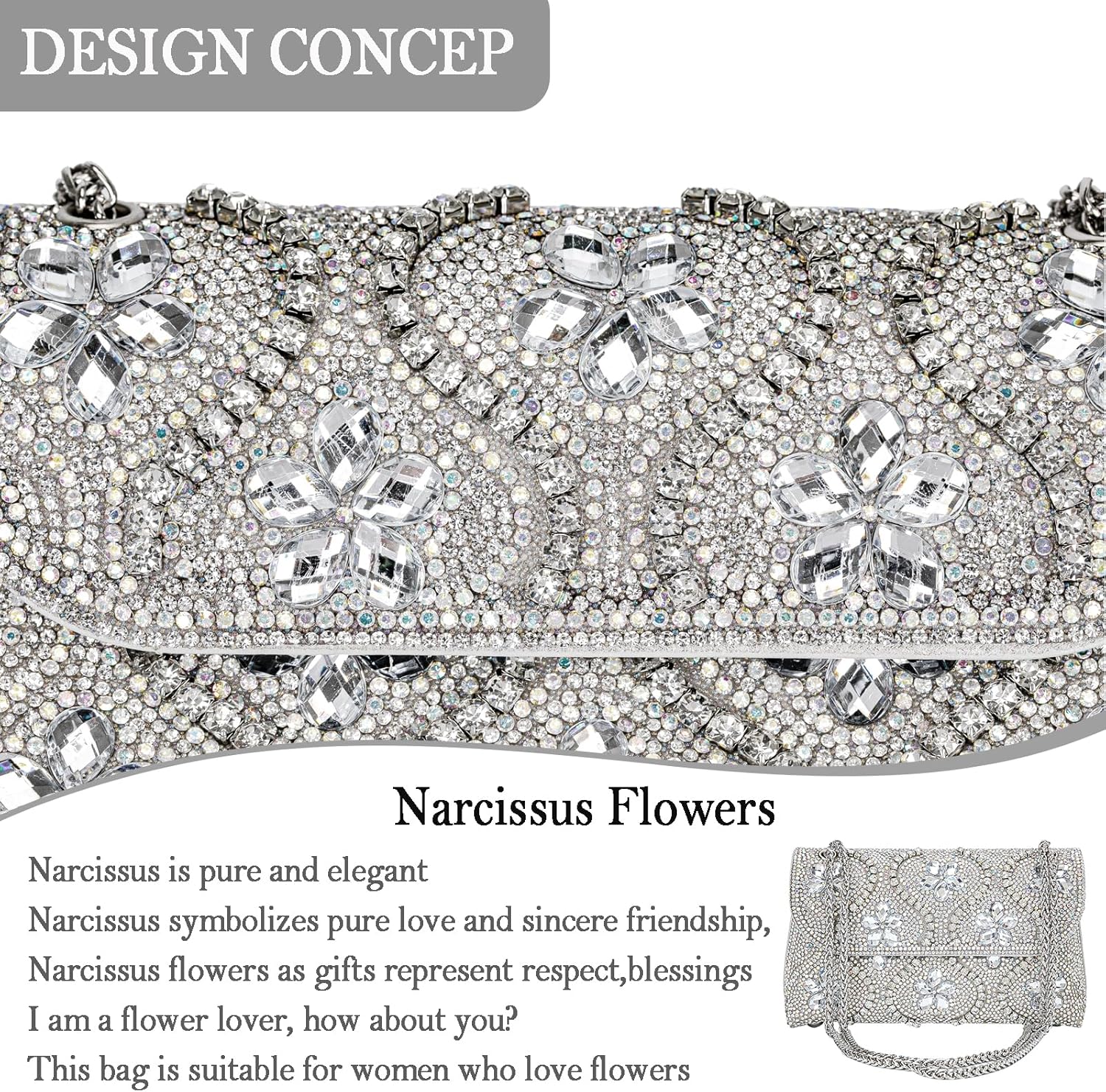 Flower Evening Handbags Chain Strap Square Shoulder Bag Crossbody Bag Crystals Rhinestone Clutch Purse - Image 3