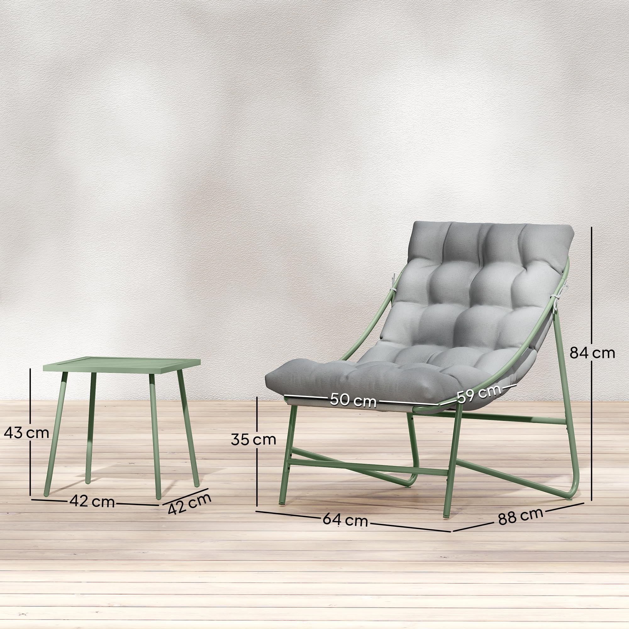 Outsunny Conjunto de Mesa y Sillas de Terraza Exterior de 3 Piezas, Muebles de Jardín Exterior con Cojines, 2 Sillas Lounge, Mesa de Café y Estructura de Acero, para Patio, Gris Claro