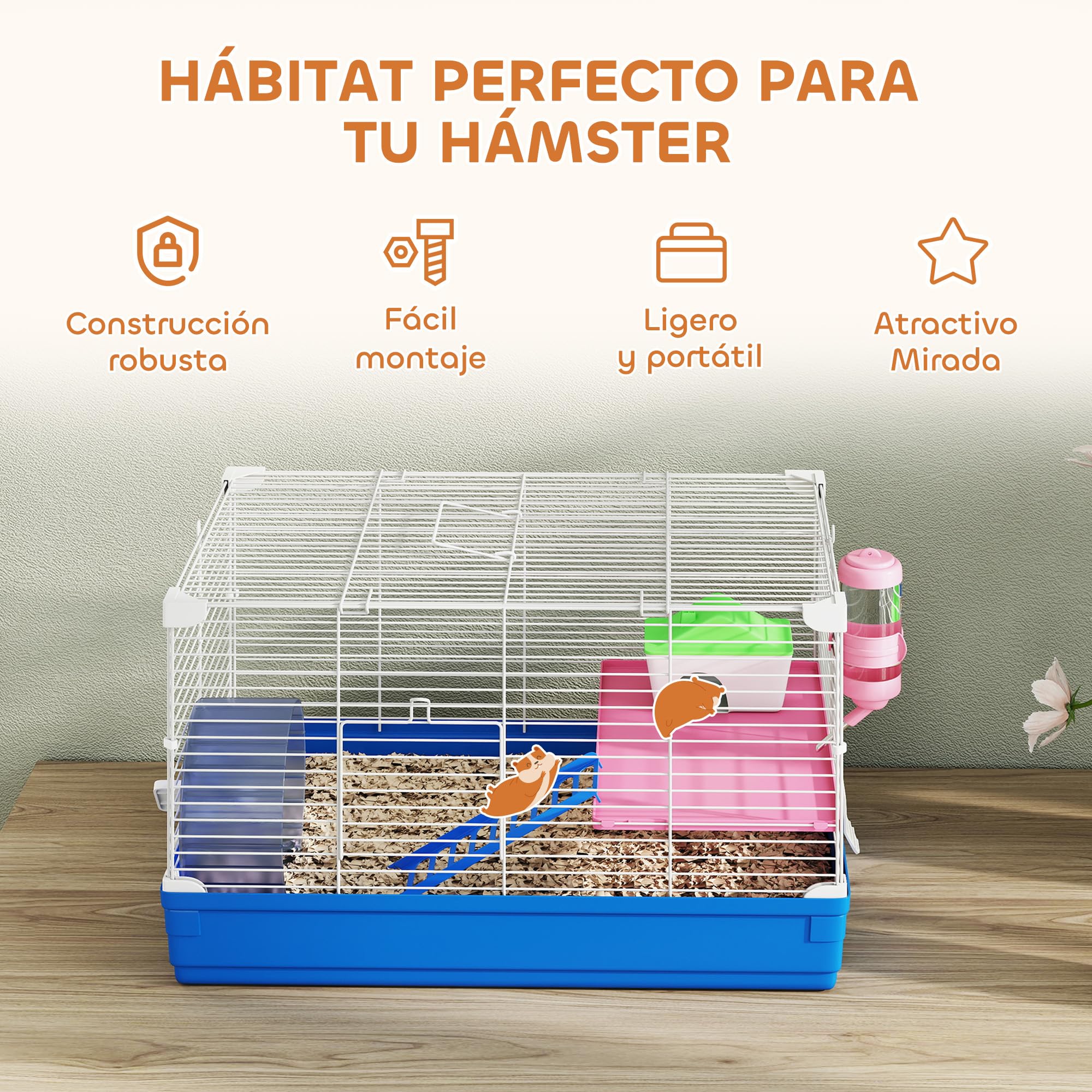 PawHut Jaula para Hámster, Casa para Roedores Pequeños con Rueda de Ejercicio, Cuenco, Bebedero, Casita, Rampas, Plataforma, Bandeja Extraíble, para Jerbos, 47x30x27 cm, Azul