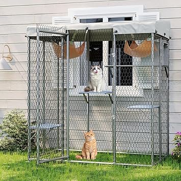 Large Outdoor Catio 79 Cat Enclosure with 4 Platforms, Hammock, Condo and Waterproof UV-Resistant Roof, Outdoor Walk-in Metal Cat Patio Shelter for Multiple Cats 76h