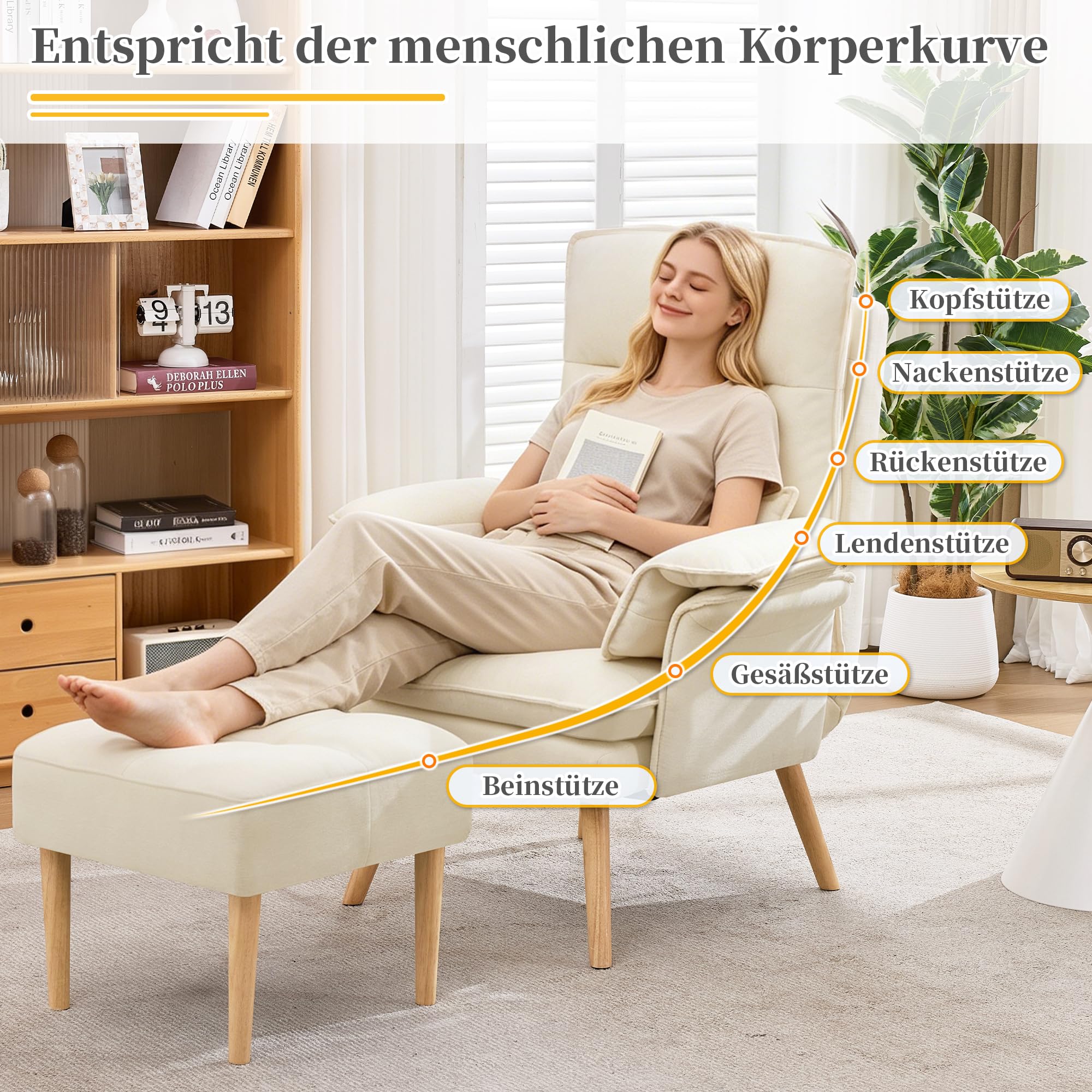 BTM Relaxsessel mit Hocker 5-Fach Verstellbarer Sessel Wohnzimmer Lesesessel mit Kopfstütze, Armlehnenkissen Beige