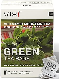 VIXI Green Tea Bags, 100 Counts, Vietnam's Mountain Tea, Antioxidant, Caffeinated, Tagless, Plastic Free, Balanced Flavored, 100% Natural for Hot, Iced and Cold Brew