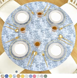 Rally Home Goods Indoor Outdoor Patio Round Fitted Vinyl Tablecloth, Flannel Backing, Elastic Edge, Waterproof Wipeable Plastic Cover, Light Gray Marble Pattern for 6-Seat Table of 45-56’’ Diameter