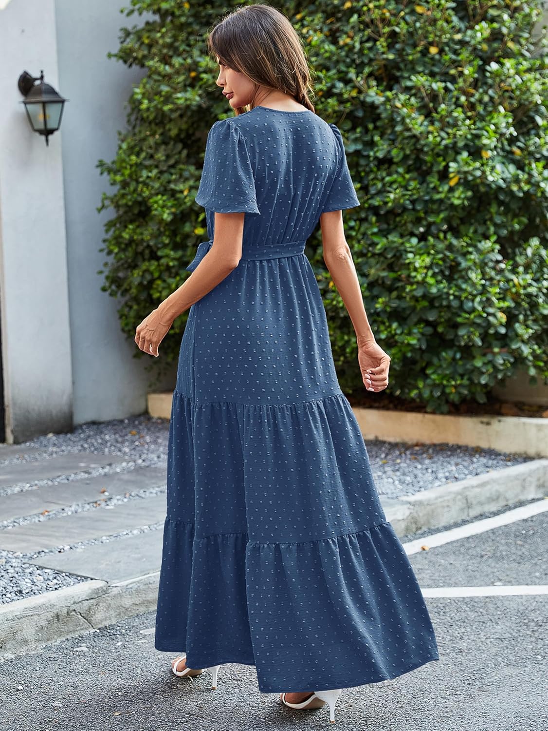 MASCOMODA Womens Summer Swiss Dot Maxi Dresses Wrap V Neck Flutter Short Sleeve Boho Casual Flowy Long Wedding Guest Dress