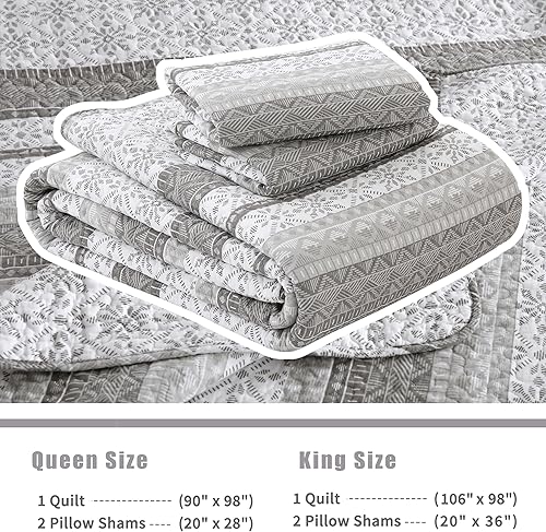 Miniatura 5 de Homzard Juego de edredón Queen con rayas horizontales grises y blancas, vintage, geométrico, floral, 100% algodón, juego de ropa de cama de 3 piezas