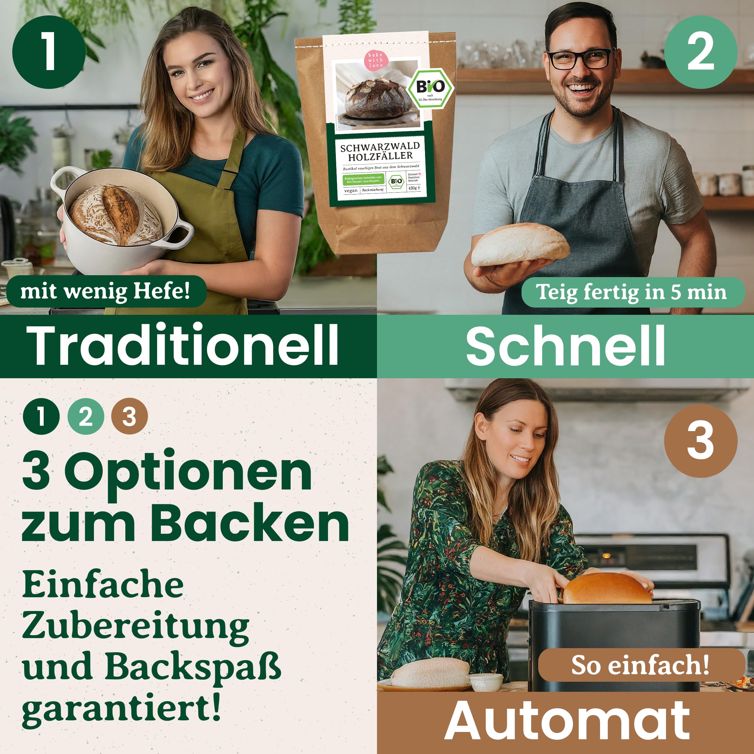 Bio Brotbackmischung Schwarzwald Holzfällerbrot - mit Dinkel, Roggen & Ruchmehl- rustikales Brot mit Holzofen-Aroma - für Brotbackautomat & Ofen - Bake with Love - 10er Pack