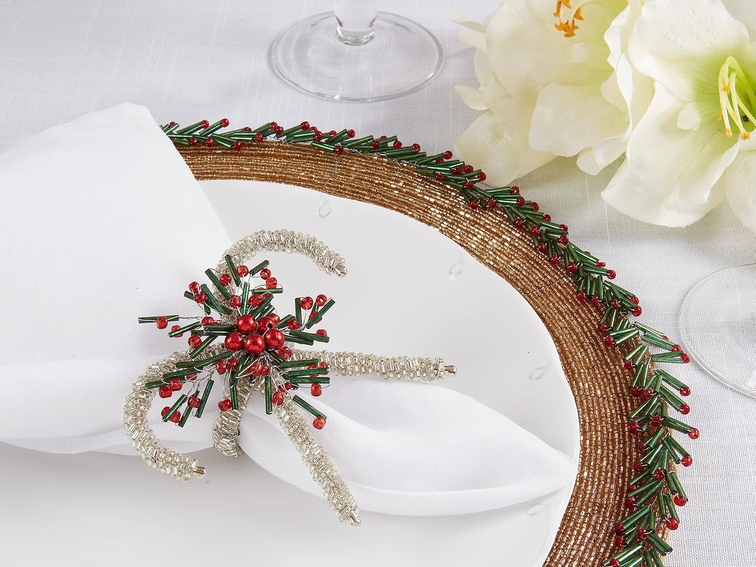 Saro Lifestyle Sweet Treats Beaded Candy Cane Napkin Ring (Set of 4), Silver
