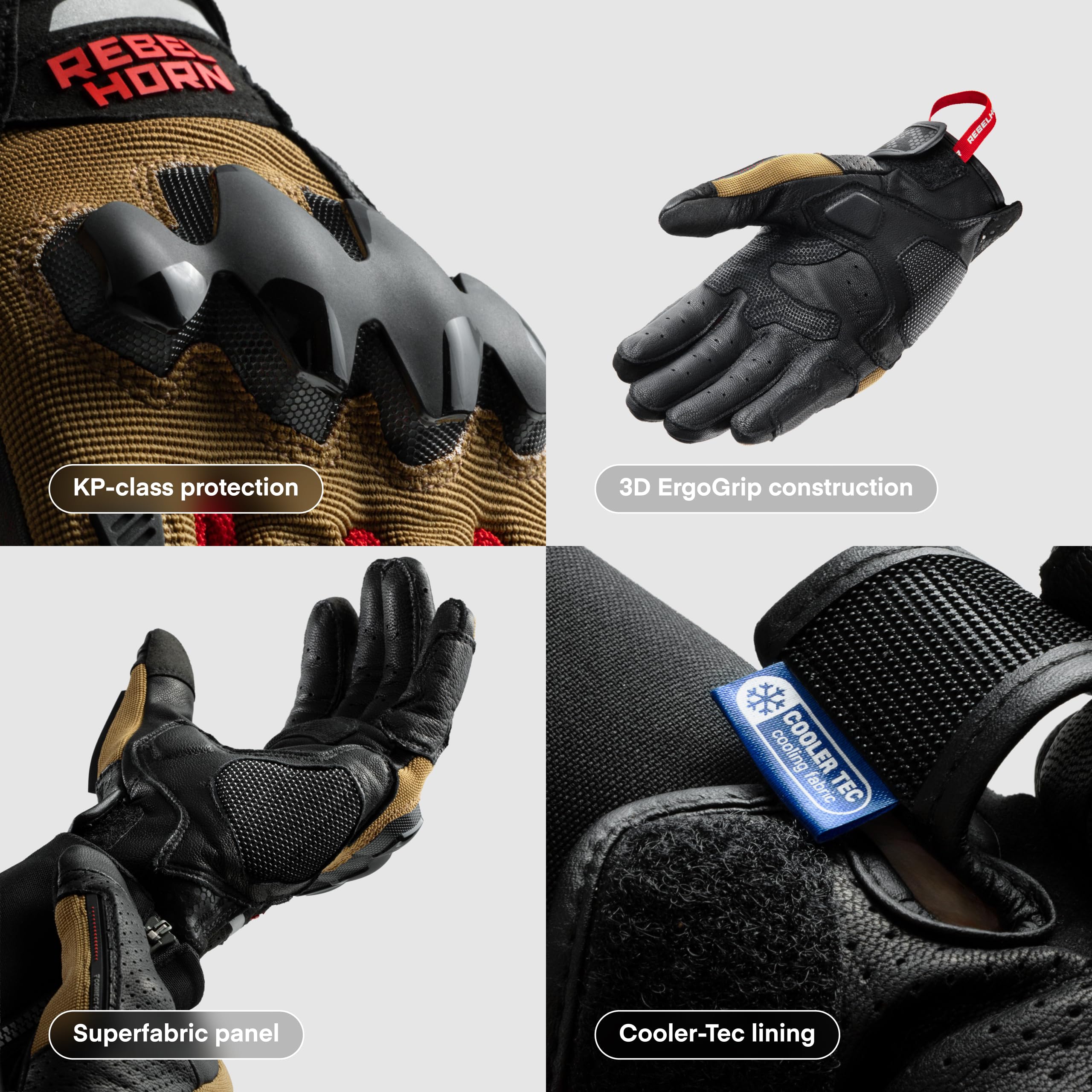 REBELHORN Defender rękawice motocyklowe męskie | skóra | ochraniacze na kostki | duże panele wentylacyjne | podszewka Cooler-Tec | poziom ochrony 1 KP | rozmiary do 3XL