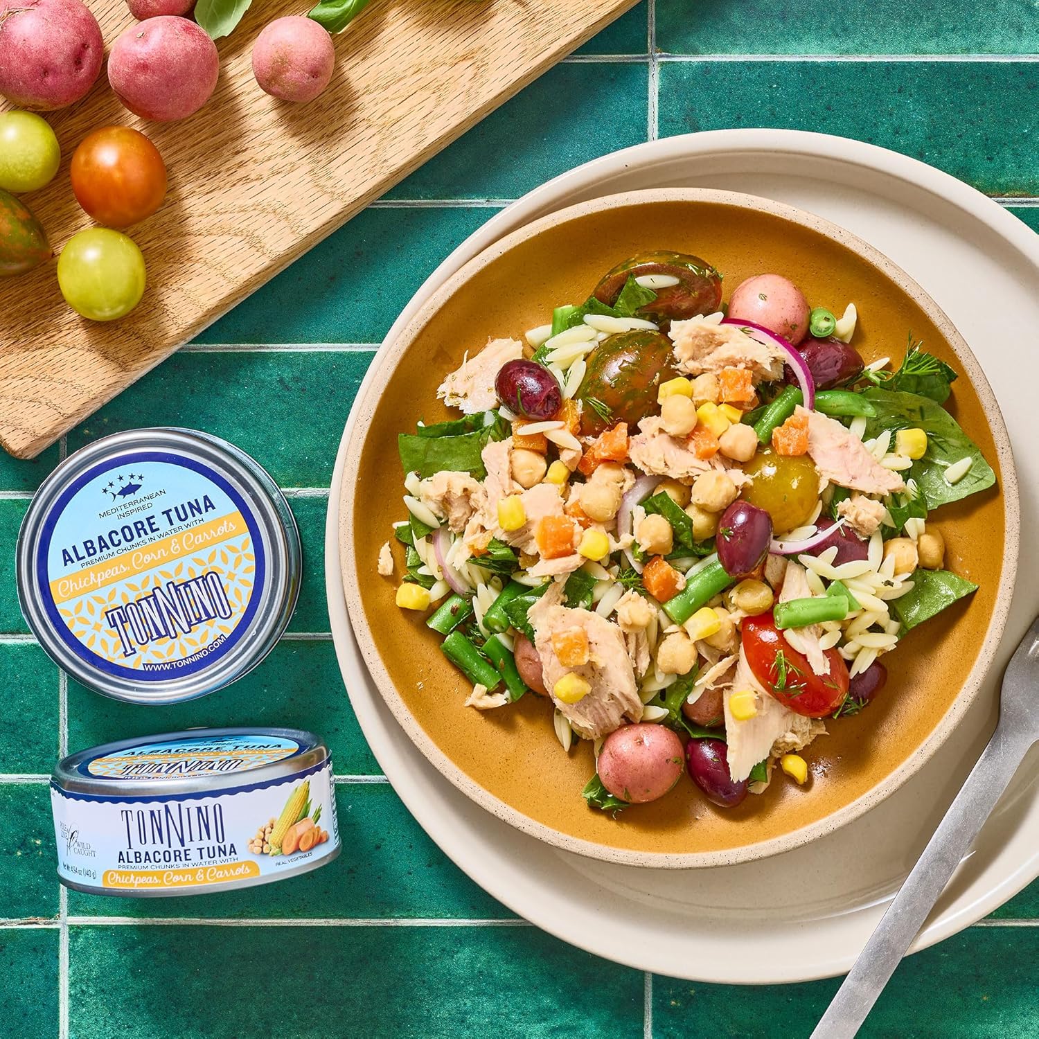 Tonnino Tuna Fish Albacore - Premium chunk in water with Chickpeas, Corn & Carrots - Pack of 12 – Alternative to Salmon – Protein Snacks – Ready to Eat Meals in Can