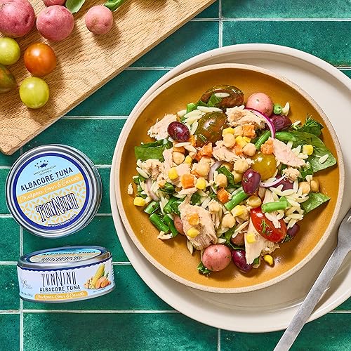 Miniatura 6 de Tonnino Atún Albacora - Trozos premium en agua con garbanzos, maíz y zanahorias - Paquete de 12 - Alternativa al salmón - Snacks proteicos - Comidas