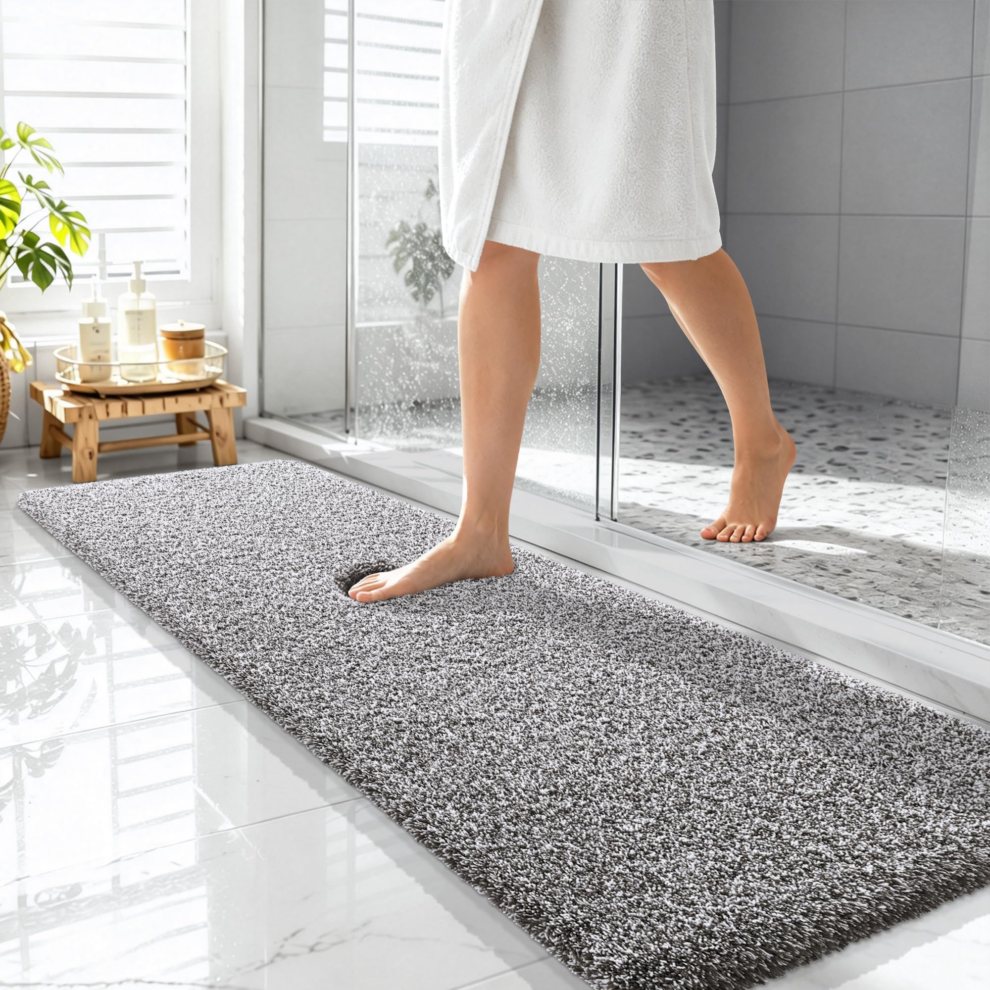 OLANLY Microfiber Bathroom Rugs 59x20, Quick Dry Mat, Dark Brown and White