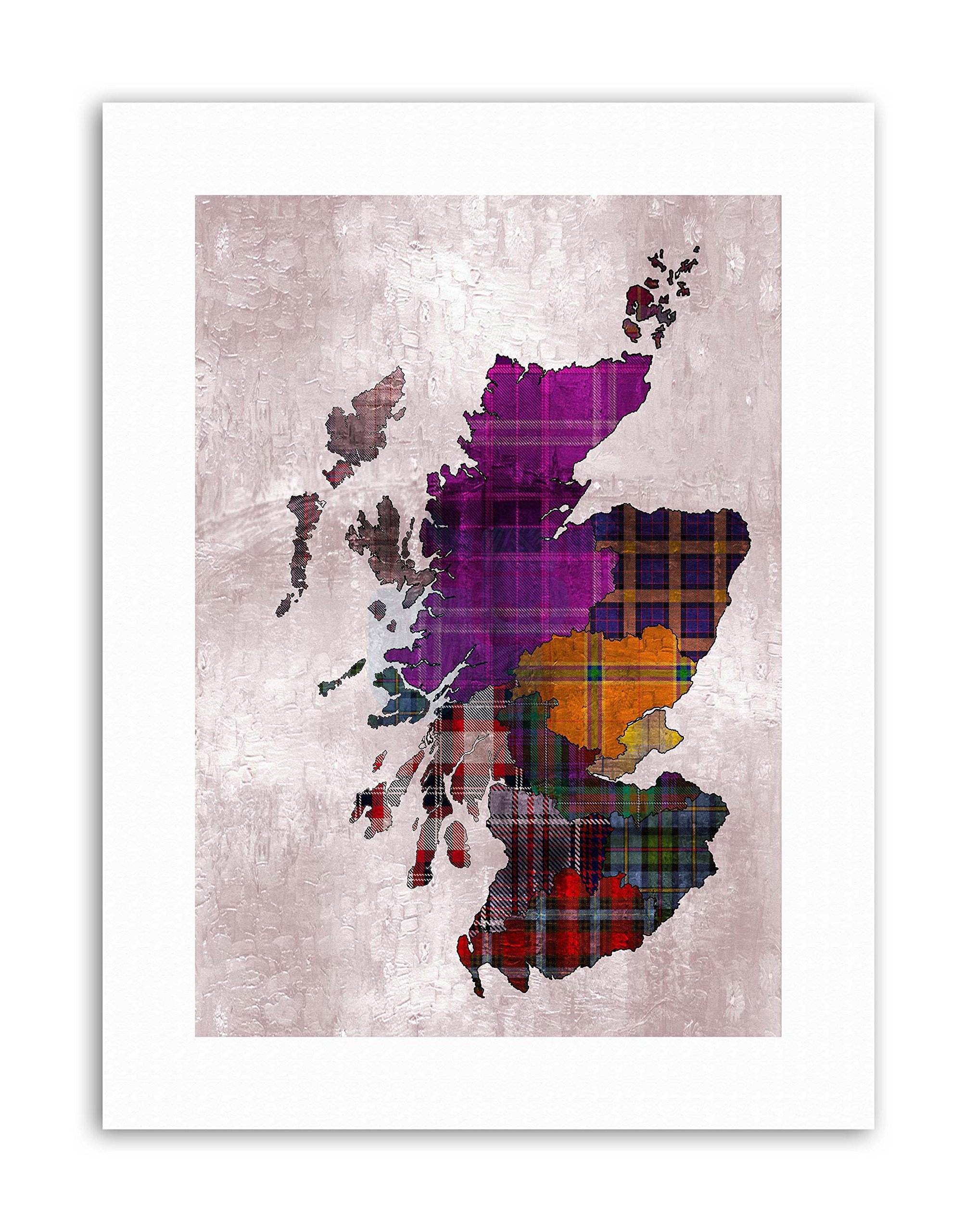 Wee Blue Coo Map Outline Scotland Tartan Inset Regions Painting Canvas Art Print