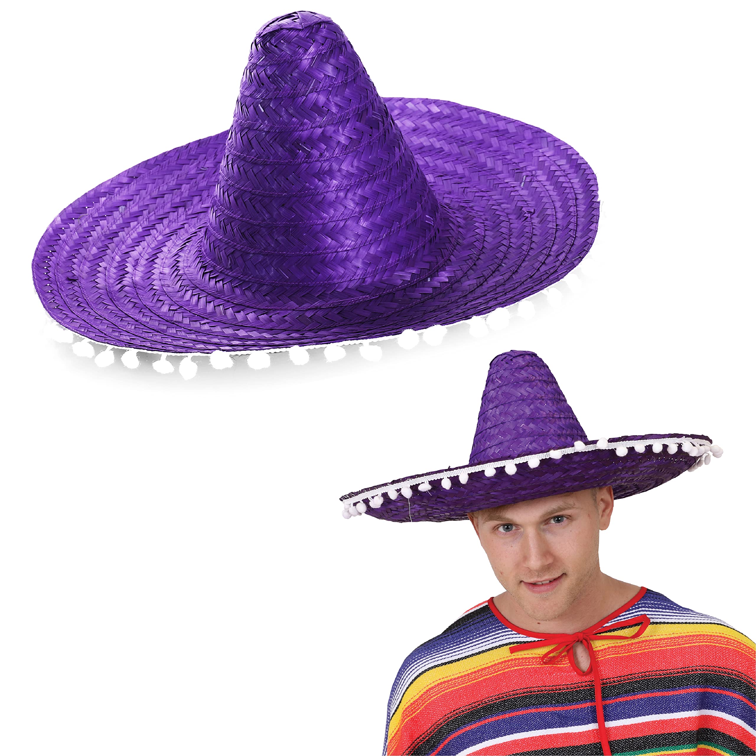 Wholesale Mexican Sombreros - Pack of 48 - Purple Sombrero with White Pom Pom Edging - Mexico Cinco de Mayo Mariachi Fiesta Fancy Dress Costume Accessory