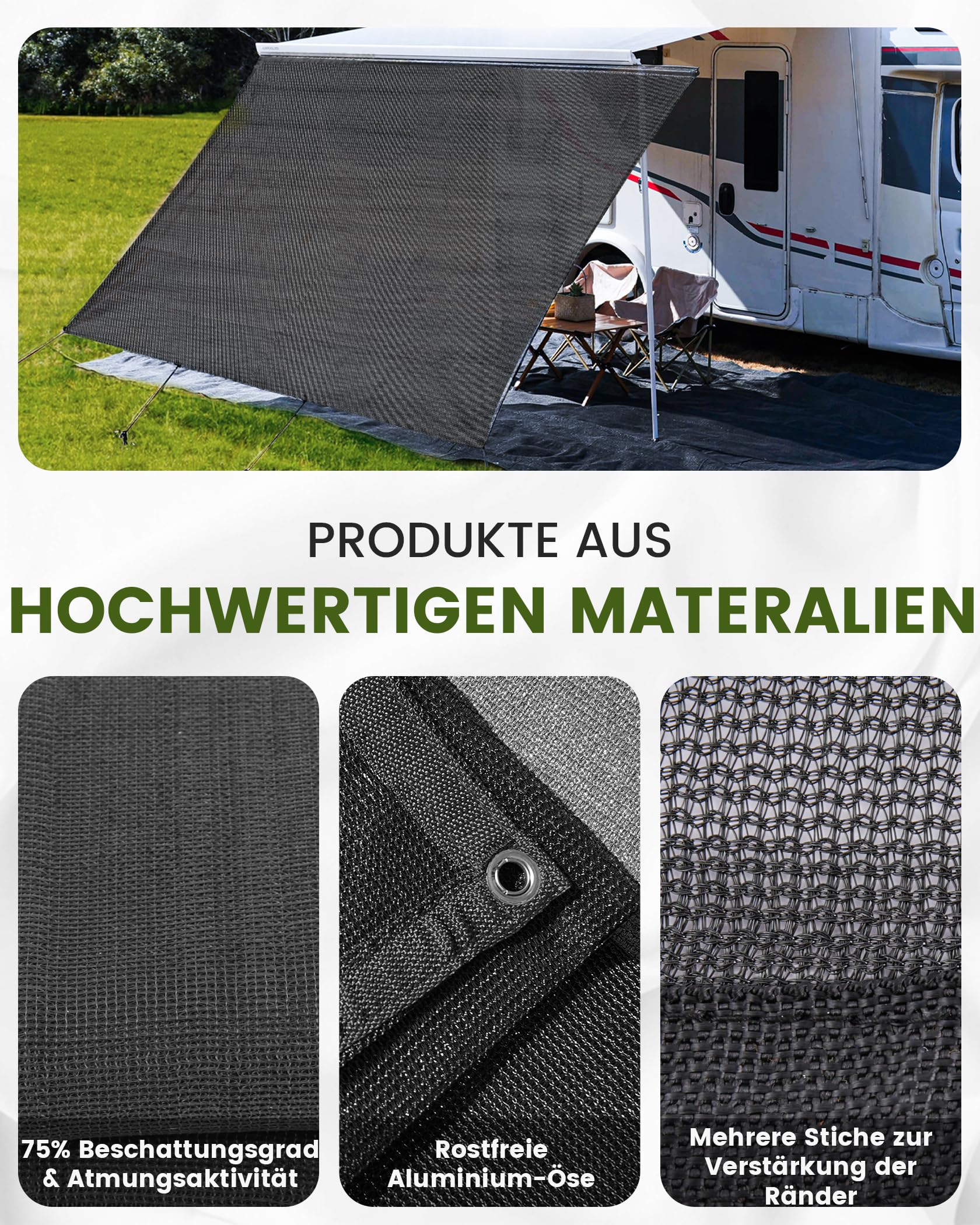 FoundGo Tenda parasole per camper 200 x 300 cm – Sunblocker tenda da sole con listello, [220 g/㎡ HDPE] panno ombreggiante 75% protezione dalla privacy, protezione dai raggi UV, tenda da sole come