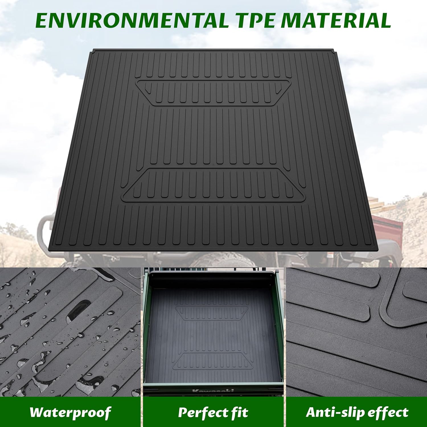 SAUTVS TPE Cargo Bed Mat Liner for Kawasaki Mule, Rubber Rear Cargo Bed Mat All Weather Protector Slush Liner for Kawasaki Mule 2010 2500 3000 3010 4000 4010 1990-2025 Accessories (Replace #KAF25-023)