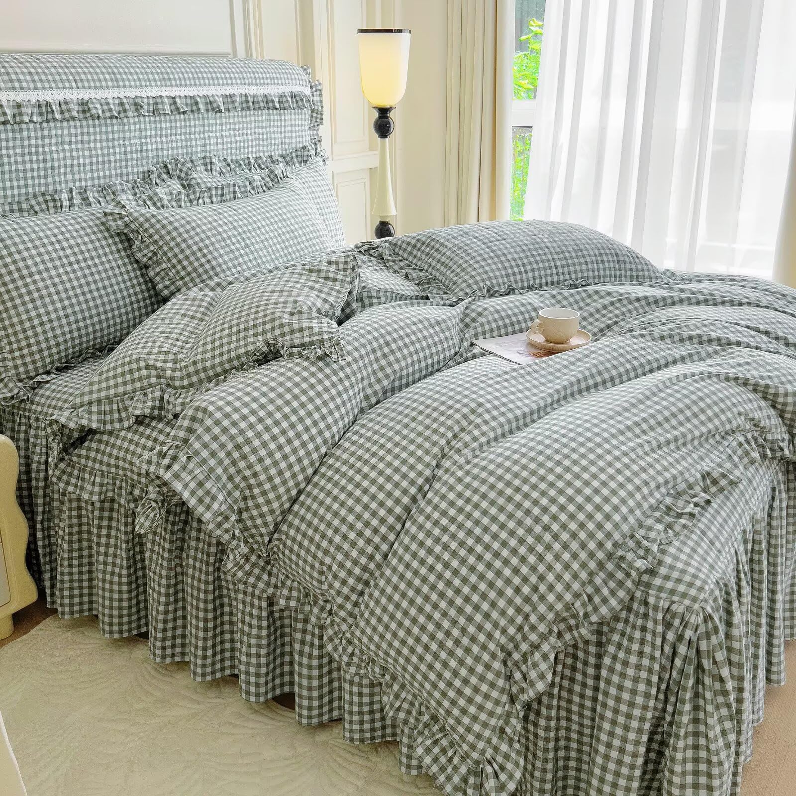 mixinni Vintage Green Gingham Ruffle Comforter Set 3-Piece Washed Cotton Queen Size Grid Bedding Set with Geometric Checkered Pattern, Farmhouse Chic Soft Fluffy Comforter for All-Season — image 1