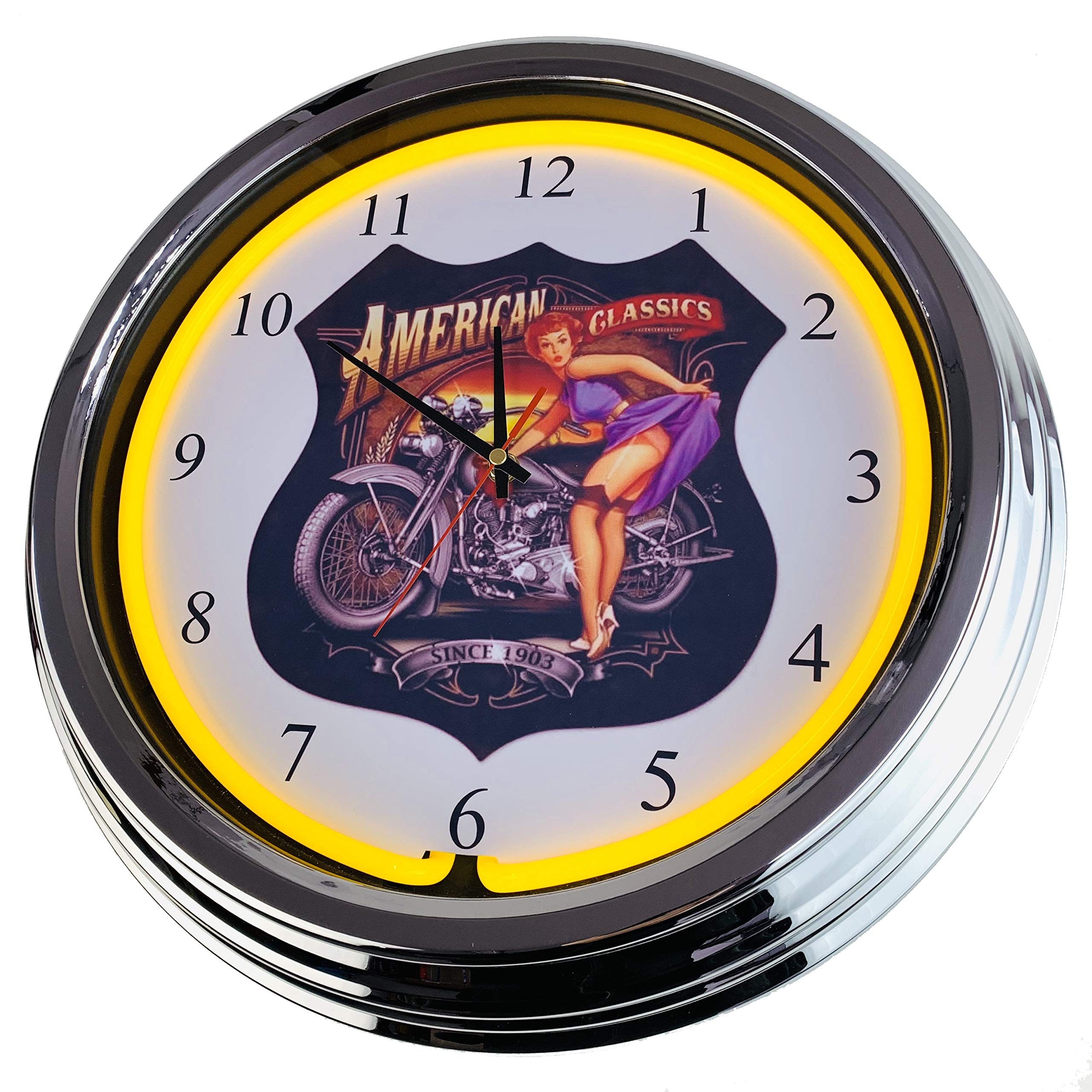 Horloge murale néon américaine classique - Horloge décorative - Style rétro années 50 - Pour salle à manger, cuisine, salon, bureau - Jaune