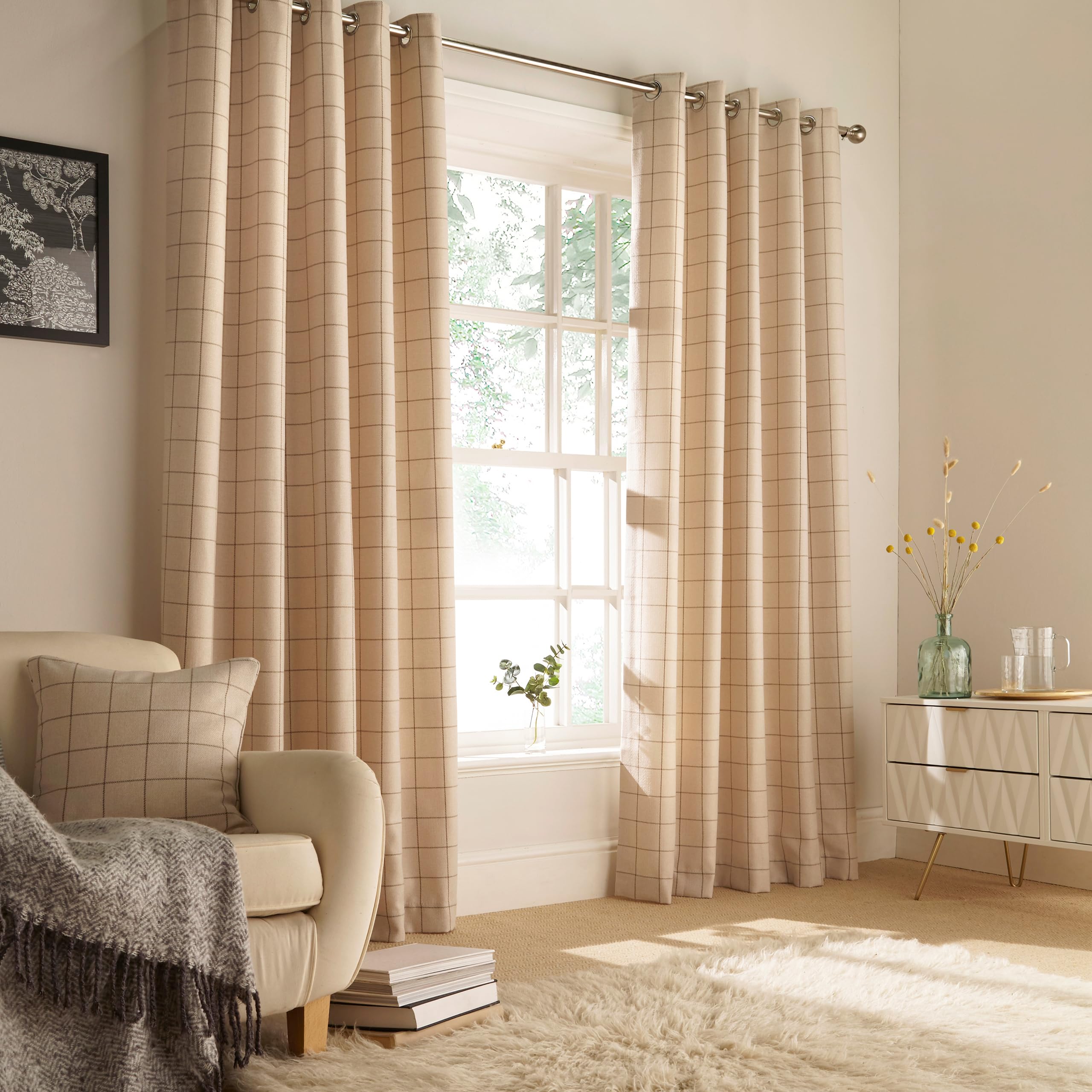 Furn. Ellis Check Pattern Eyelet Curtains Unisex Natural Size W168 X D183cm