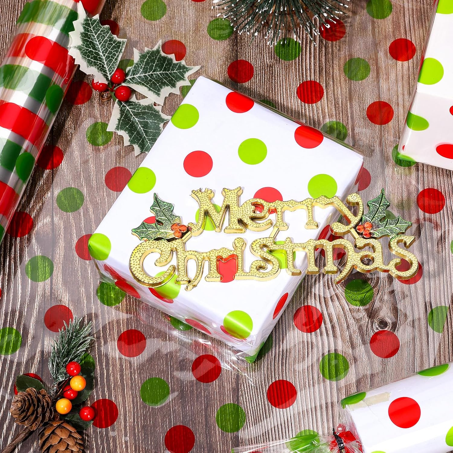 JarThenaAMCS Christmas Cellophane Wrap Roll 16" x 100 Ft Red Green Xmas Polka Dot Cellophane Paper Clear Cello Wrapping Paper for DIY Crafts Gift Basket Wrap New Year Party Favor