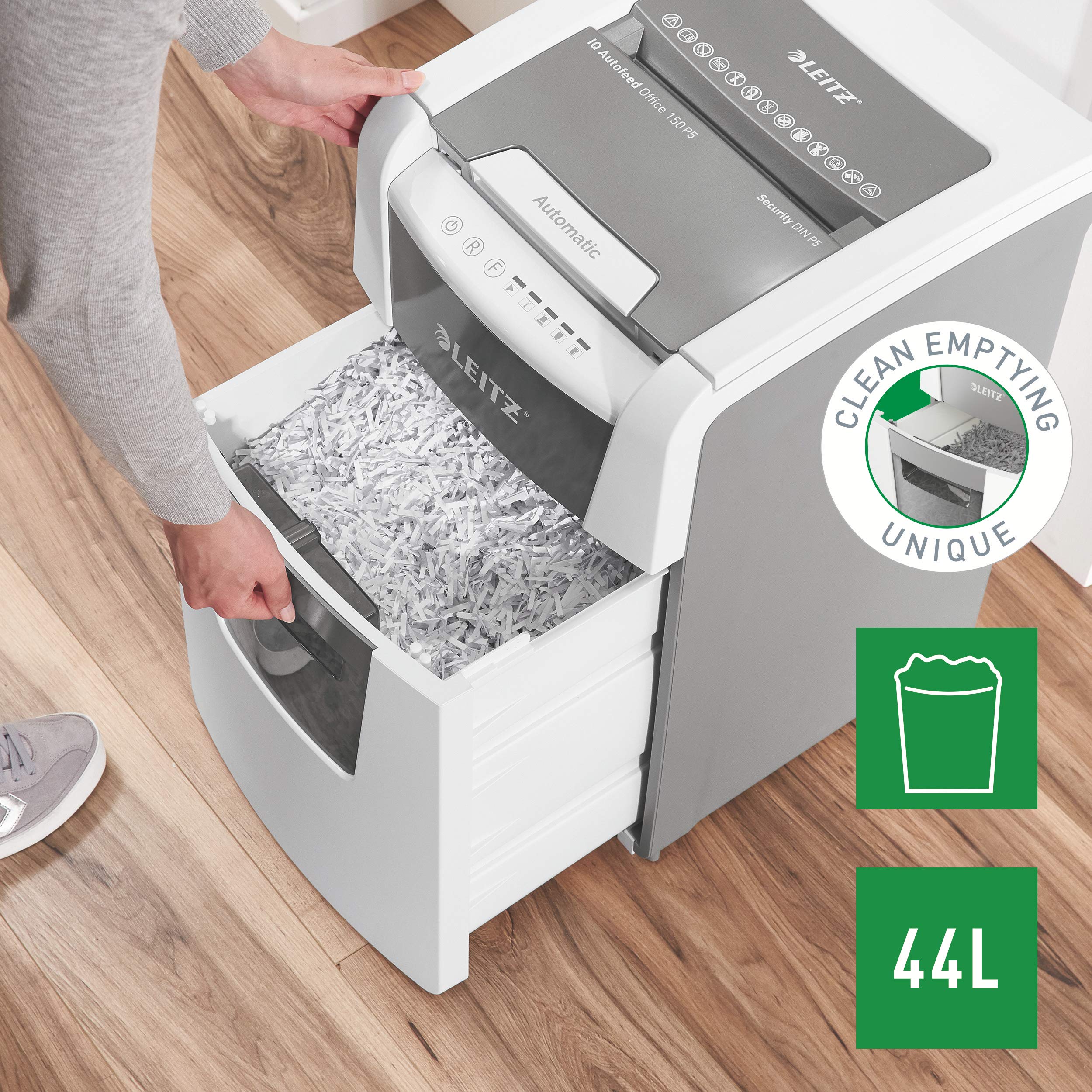 Leitz Distruggidocumenti IQ Autofeed Office P5, 150 fogli, cestino per rifiuti da 60 l, bianco, 80142000