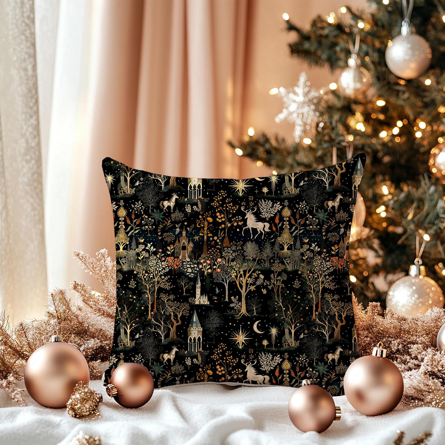 Medieval Dark Gothic Forest Pillow Covers 18x18 Double-Sided, Cottagecore Room Home Decor, Boho Witchy Celestial Whimsical Forest Horse Castle Botanical Decorative Throw Pillow Covers
