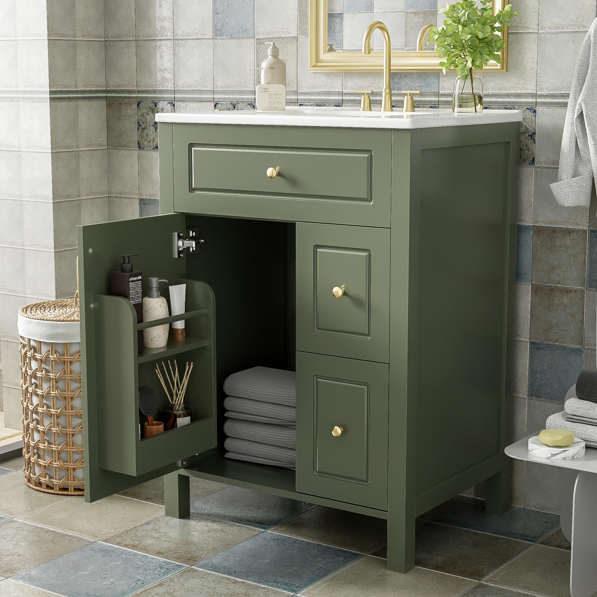 Merax 24" Bathroom Vanity with Ceramic Sink - Solid Wood & MDF Storage Cabinet, Soft-Close Drawers, Space-Saving Modern for Small Bathrooms, Green